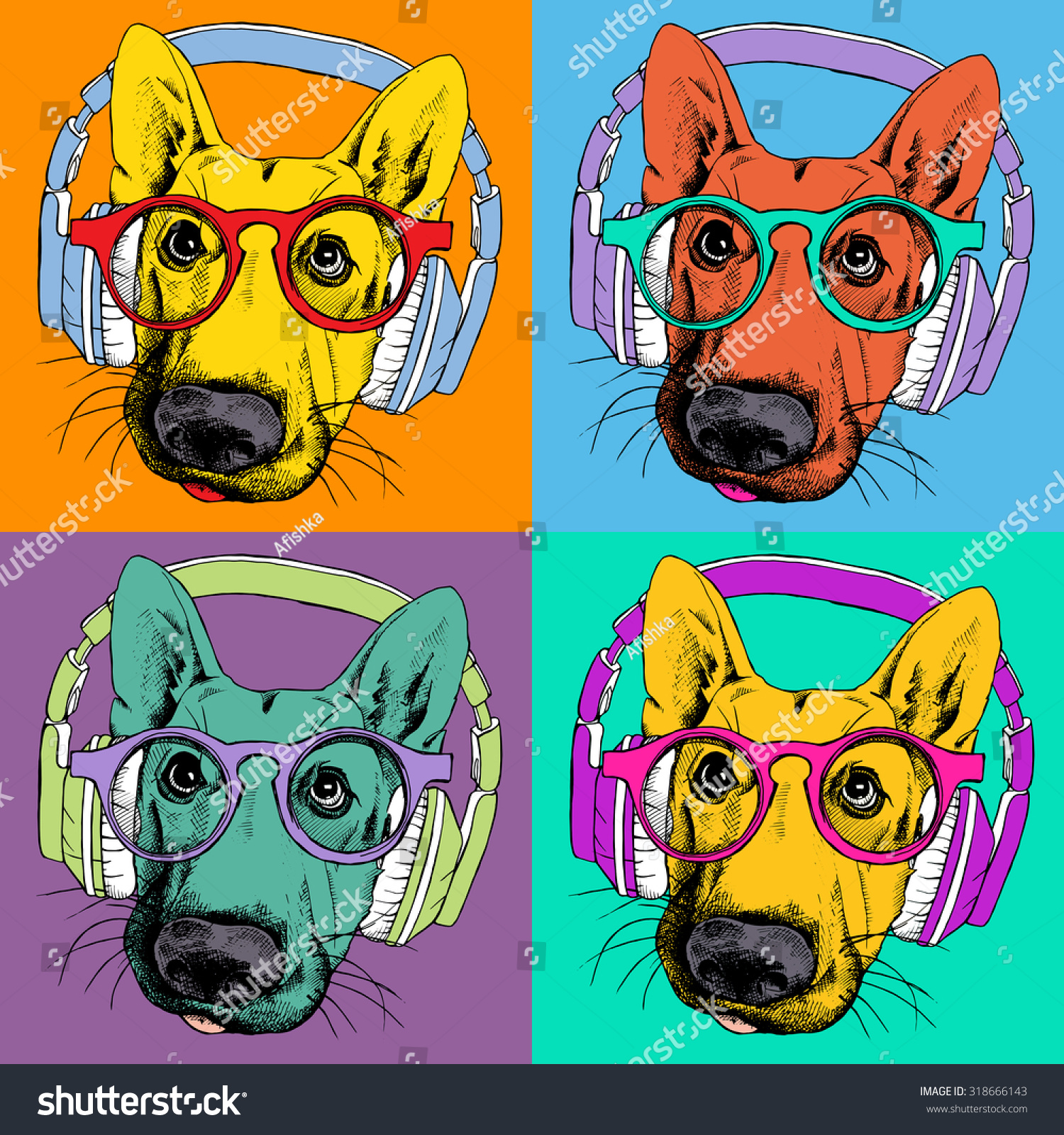 Bright poster with portrait of a German Shepherd with headphones and glasses in the style of pop art. Vector illustration.