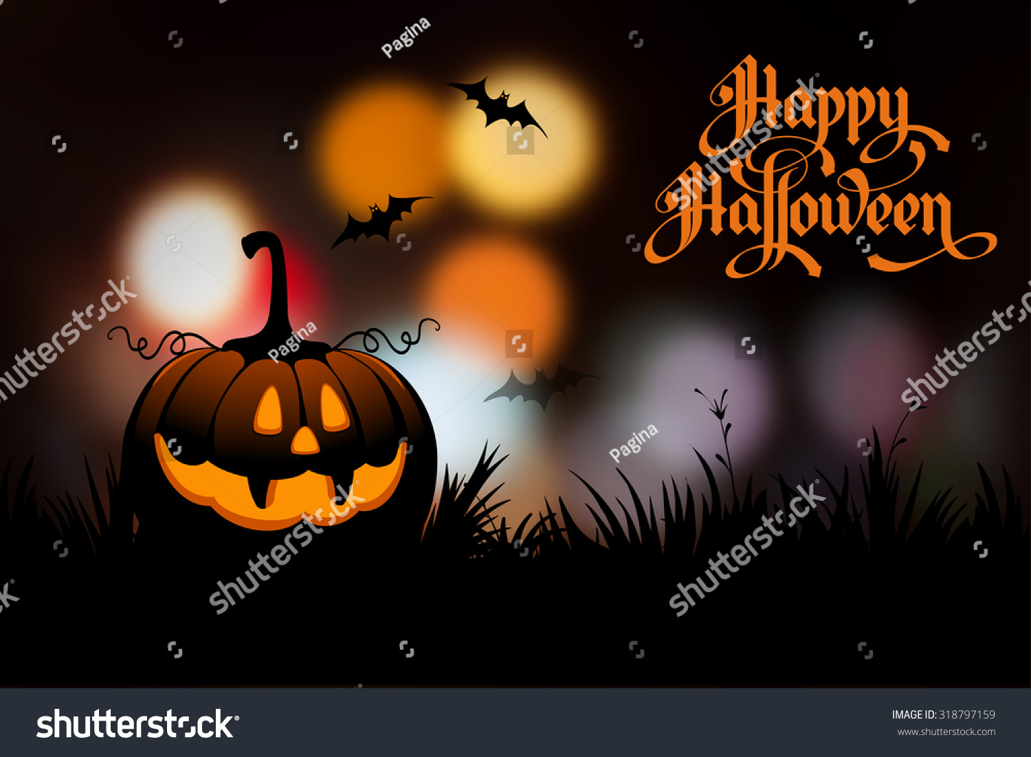 Halloween night blurred background with pumpkin and calligraphy inscription Happy Halloween. Vector illustration.
