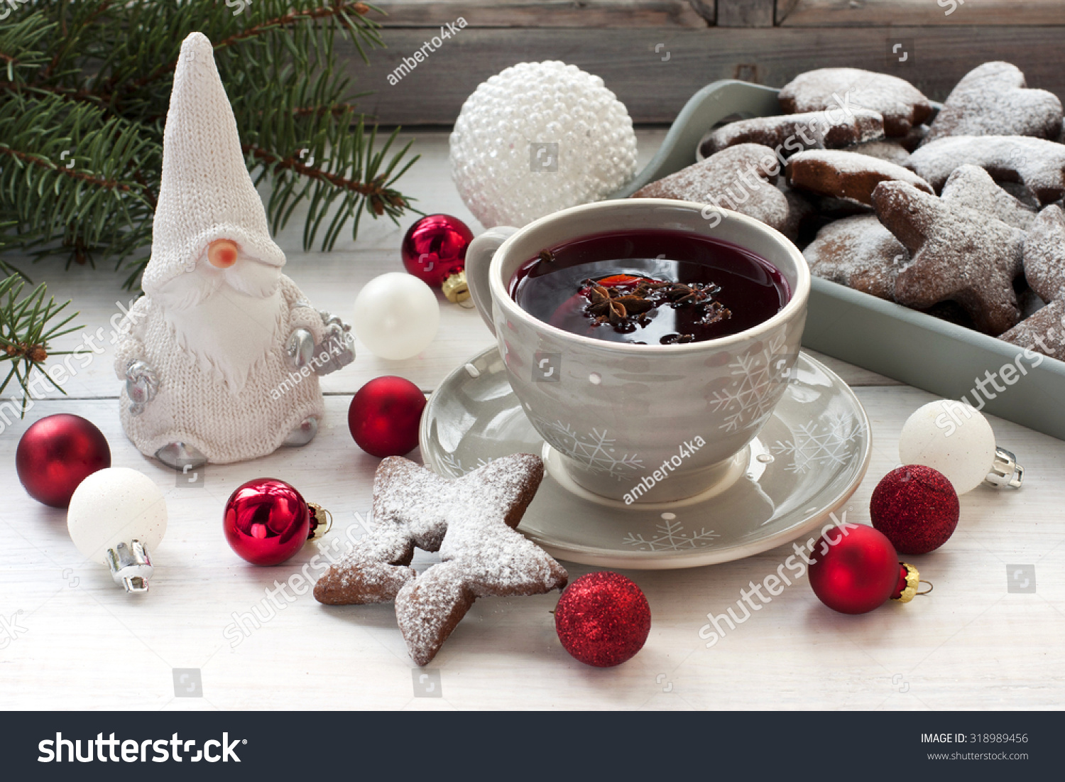 Winter composition with tea and cookies