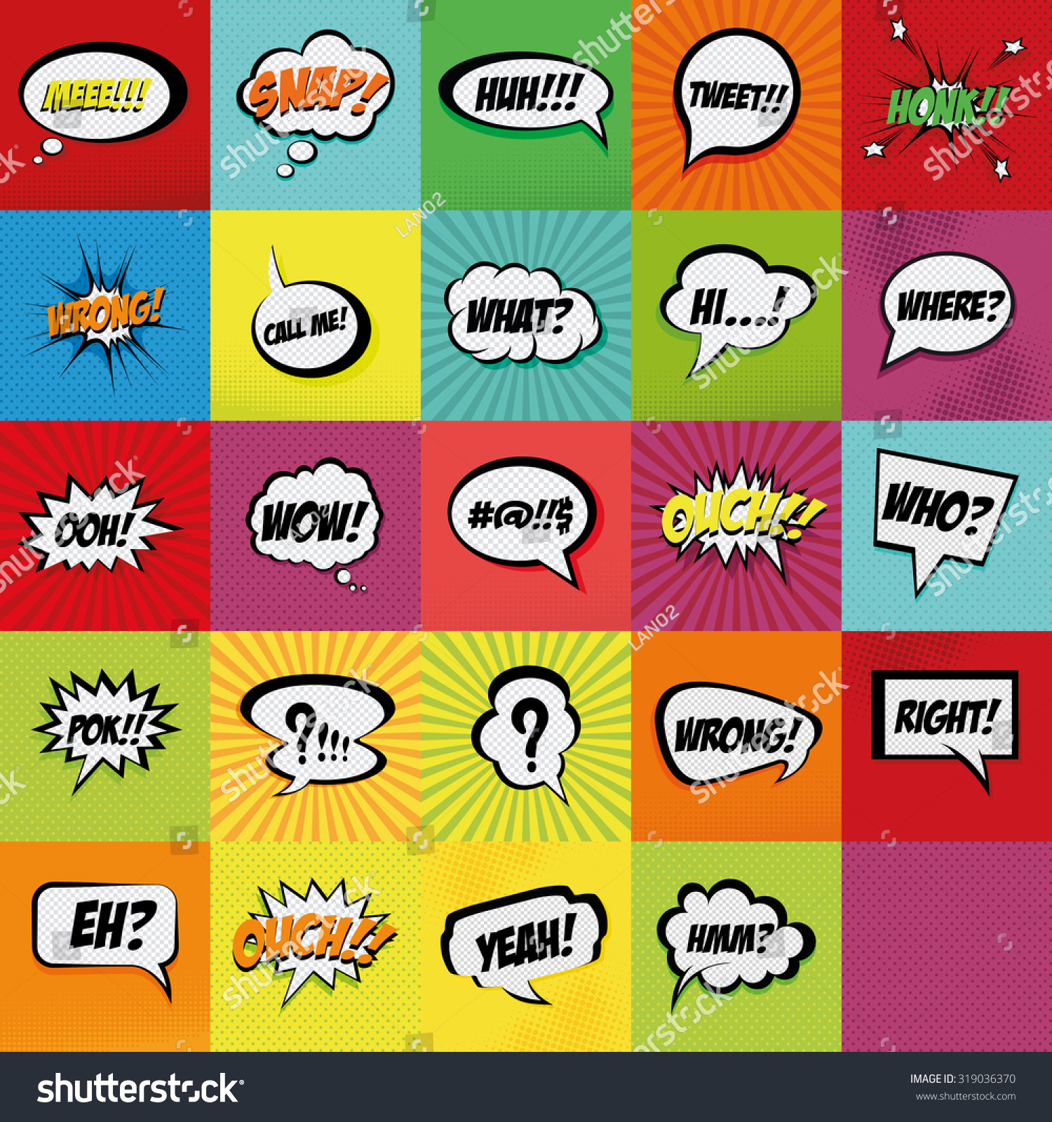 Set of comic expressions on colored backgrounds