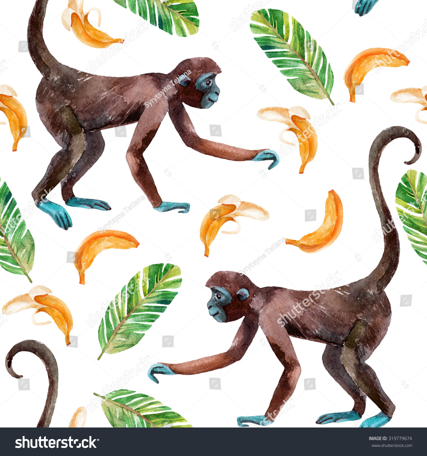 Monkey and banana seamless pattern. A cute monkey and exotic fruits. Watercolor hand painted illustration