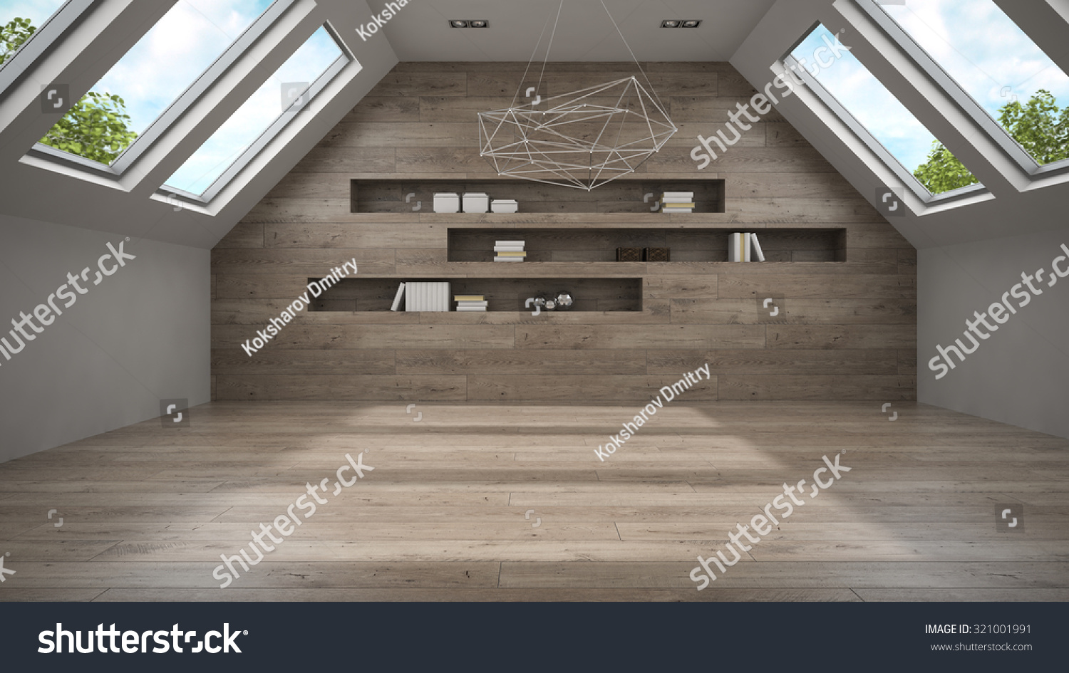 Empty mansard room with shelf 3D rendering 