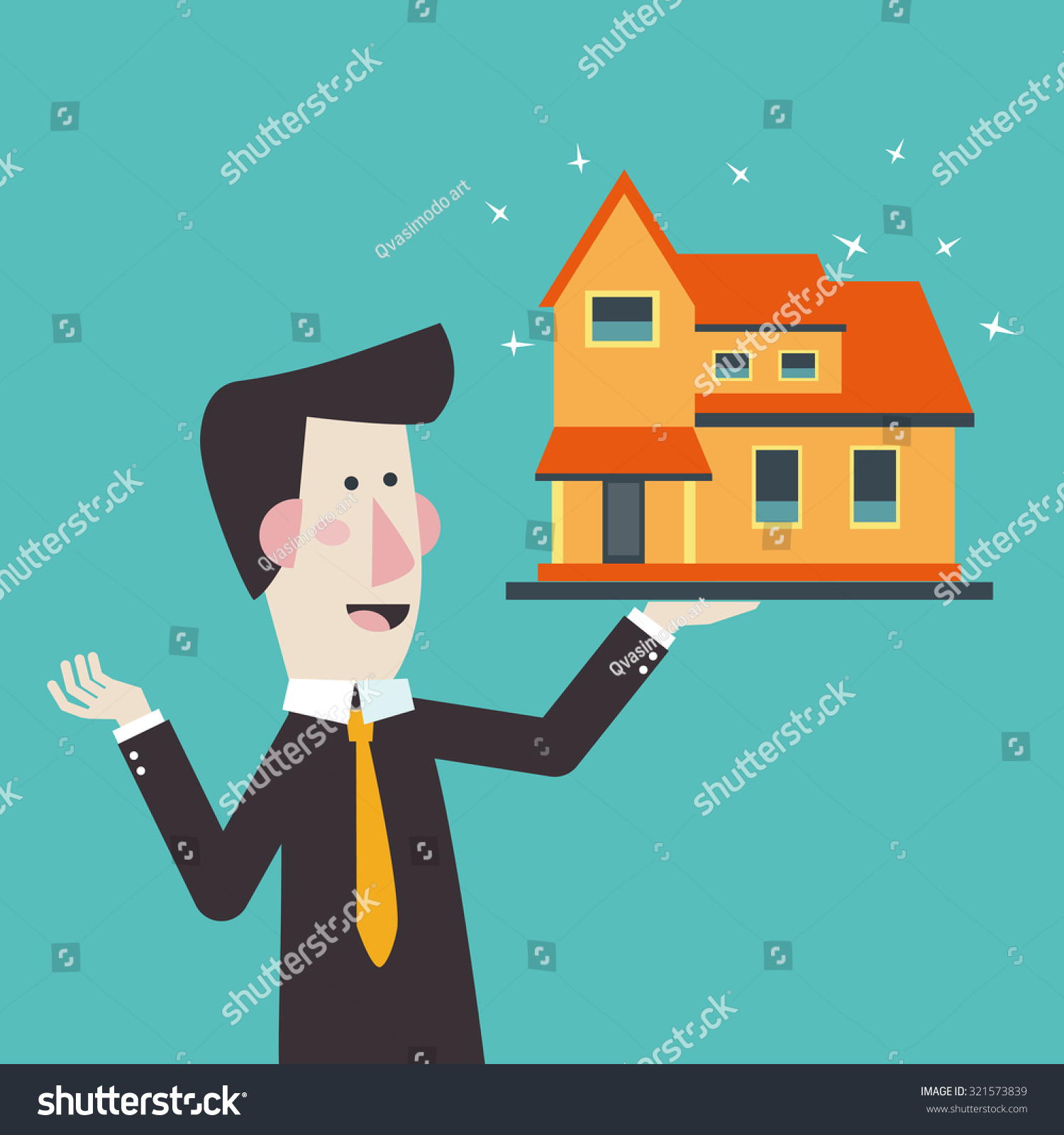 Real estate broker agent presenting beautiful house for sale. Investing money and financial planning vector concept. Insurance  mortgages  credit card  and banking service. Modern flat design