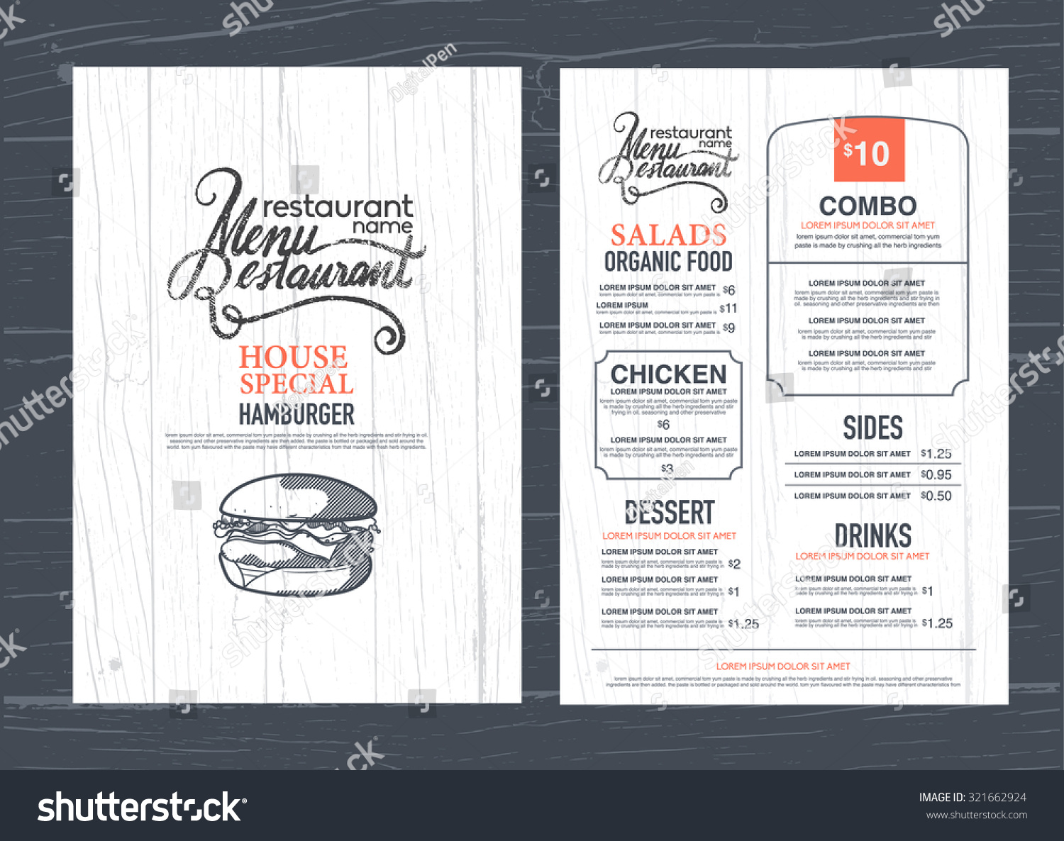 vintage restaurant menu design and wood texture background.
