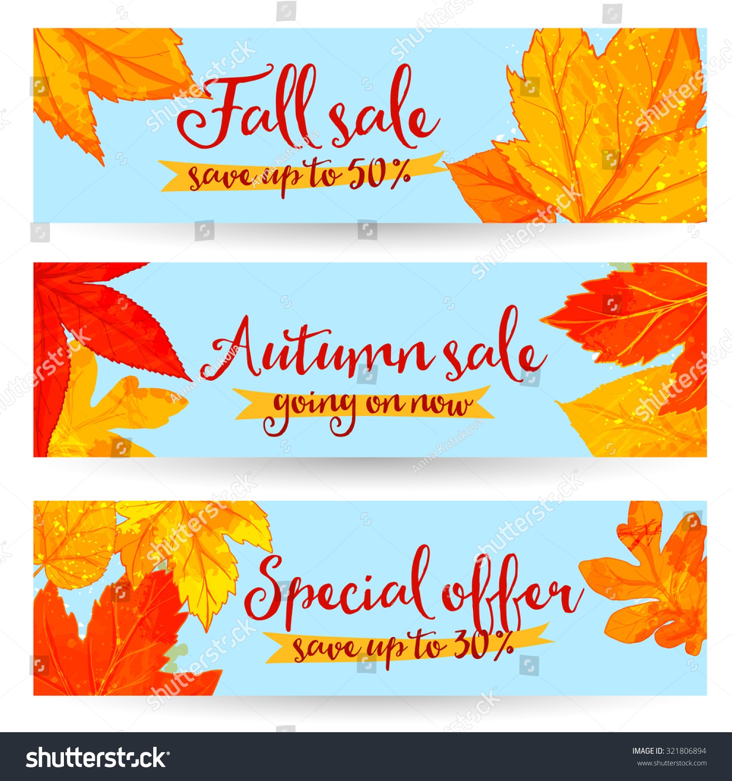 Autumn sale banners with golden and red leaves. Set of fall promo vector designs with hand drawn art.