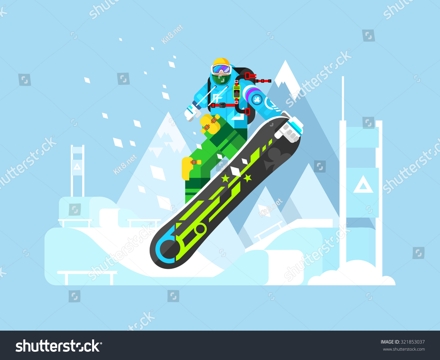 Cartoon character snowboarder. Sport athlete  snowboarding design  move and jump  flat vector illustration