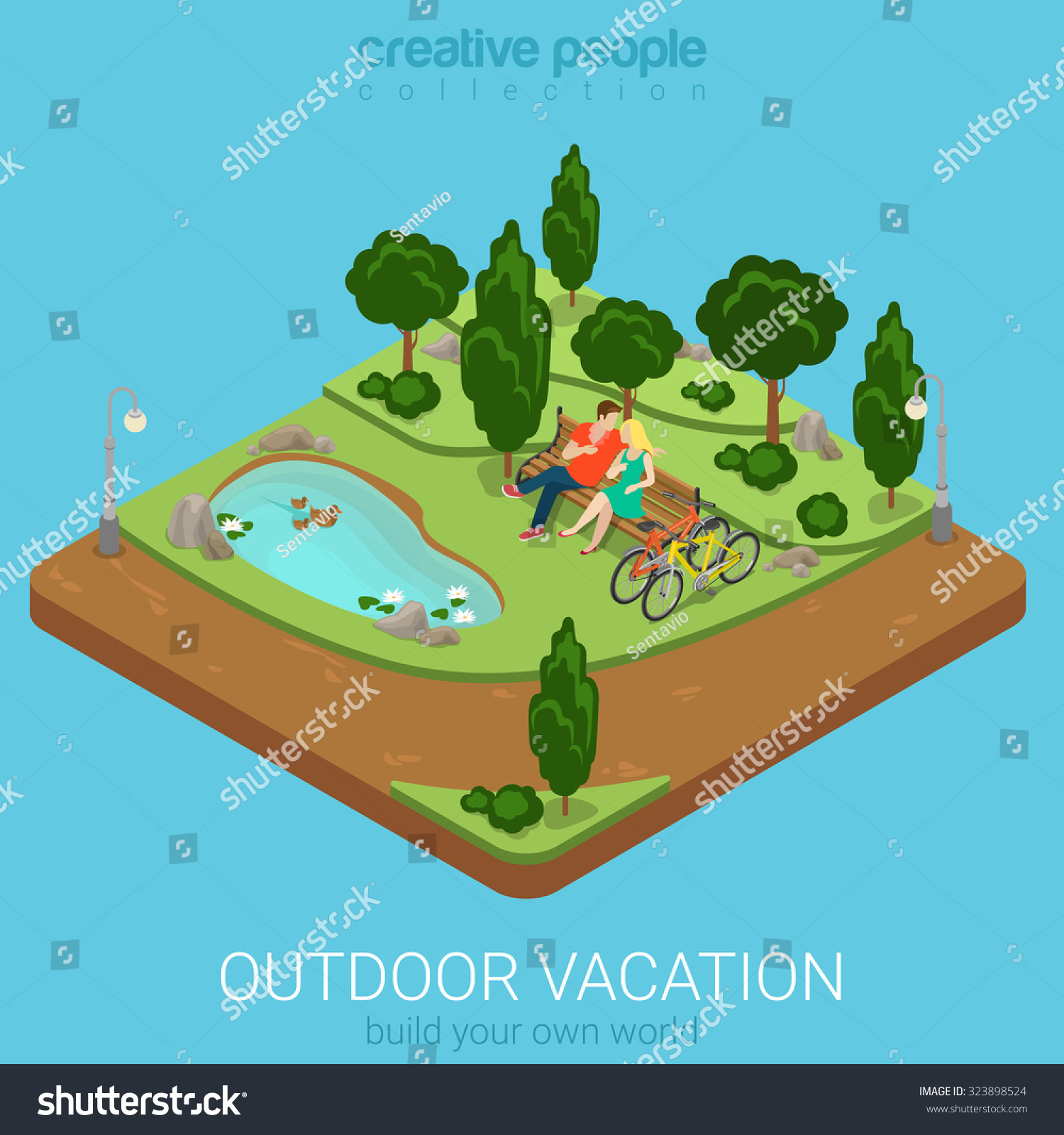 Flat 3d isometric outdoor vacation web infographics concept. Cycling couple relax on bench by the pond in forest park. Creative people collection.