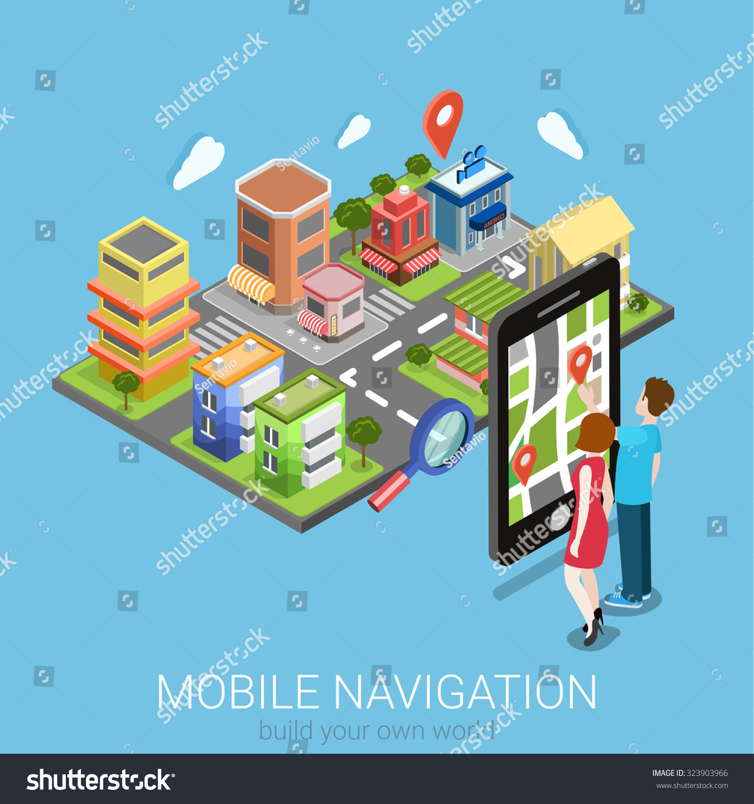 Flat 3d isometric creative mobile navigation web infographics concept. Couple touching big smartphone and city model map pin point. Creative people collection.