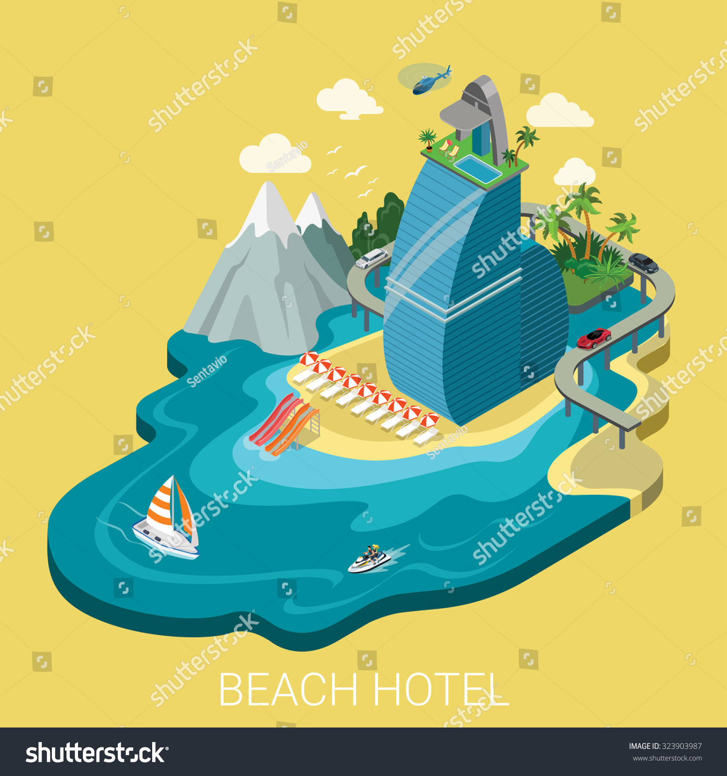 Flat 3d isometric creative beach hotel web infographics travel vacation concept. Luxury class five star resort island mountain road yacht water bike jetski. Creative people collection.