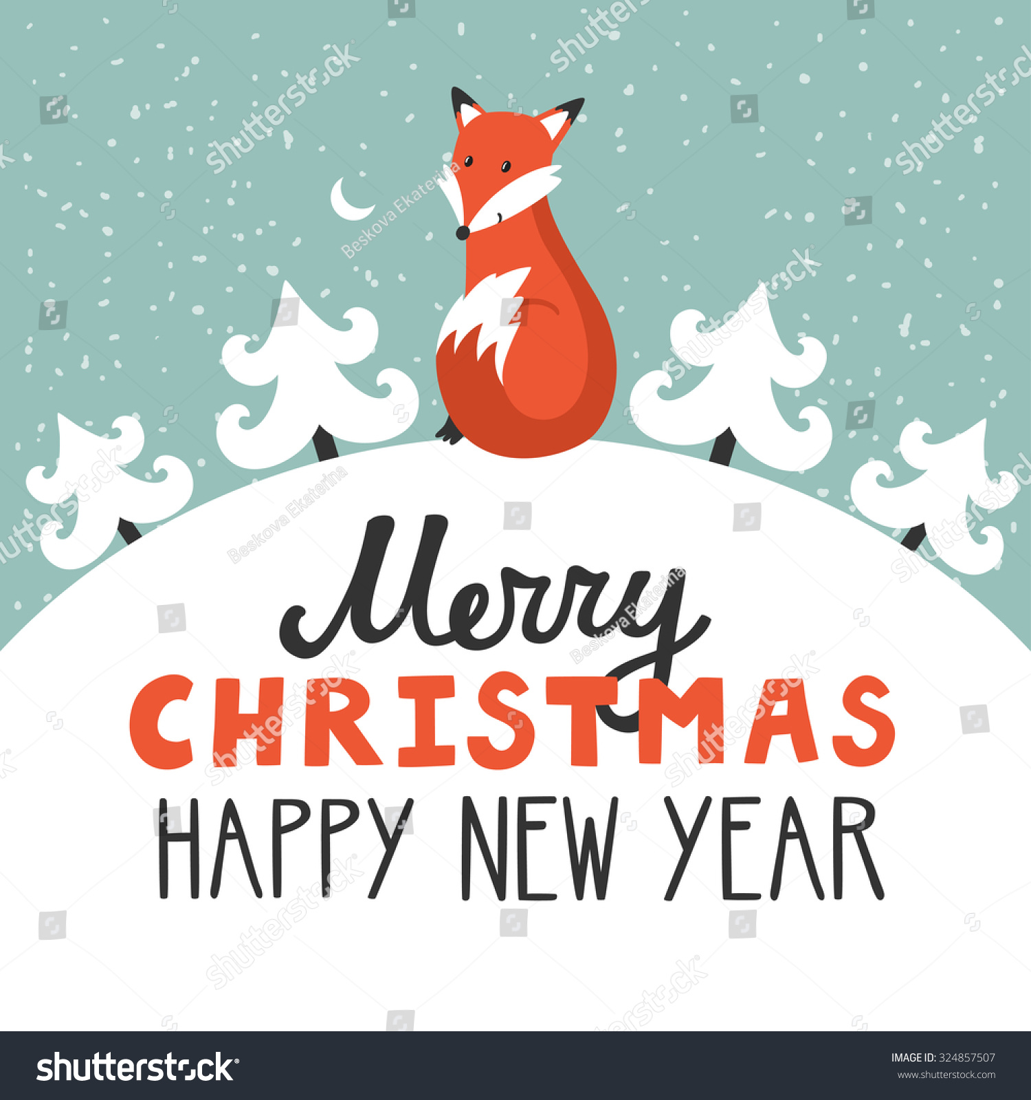 Vector holiday background with cute fox  Christmas trees  night sky  moon. Christmas card with hand written text Merry Christmas and happy New Year. Childish winter background.