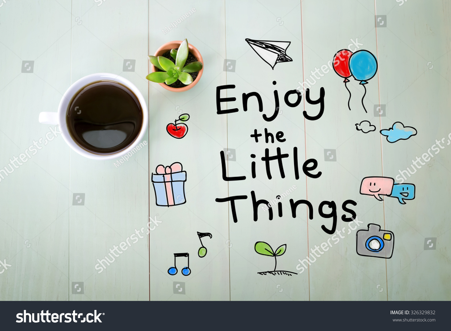 Enjoy the Little Things message with a cup of coffee on a pastel green wooden table