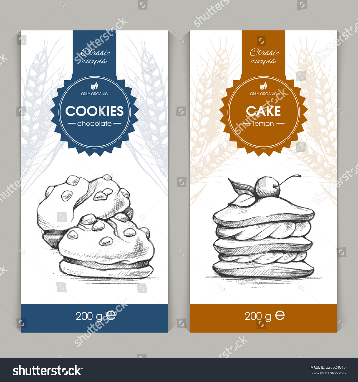 Vector set of templates packaging sweets  label  banner  poster  identity  branding. Background with sketch hand drawn illustration - cookies and cake. Stylish design for baked goods