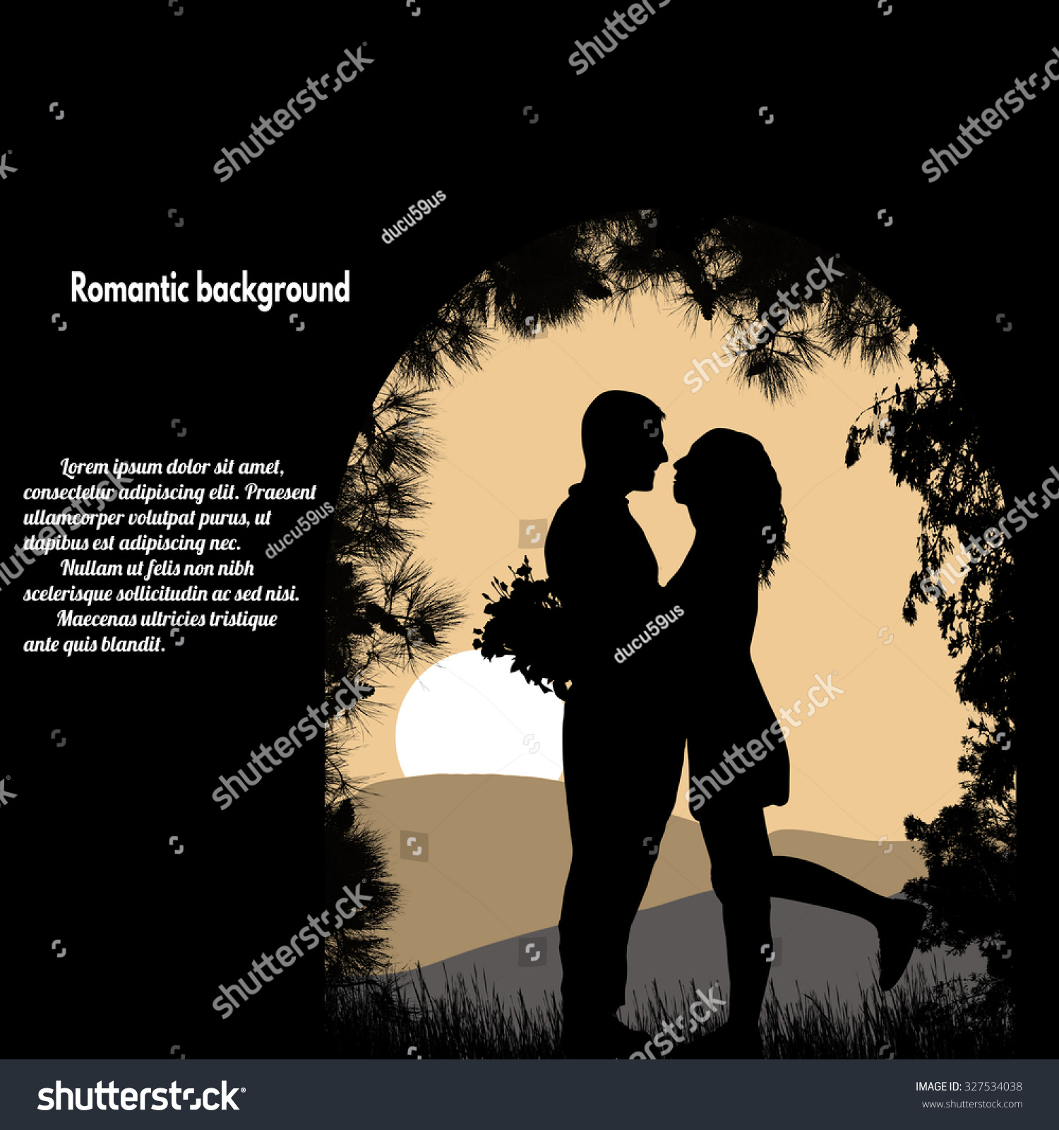 Silhouettes of lovers under the arch on beautiful sunset with place with your text  vector illustration