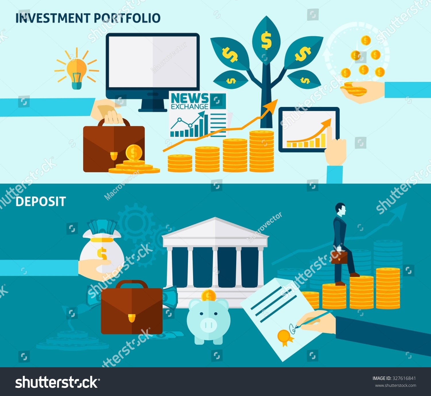 Investment portfolio exchange news and deposit or accumulation flat color horizontal banner set isolated illustration
