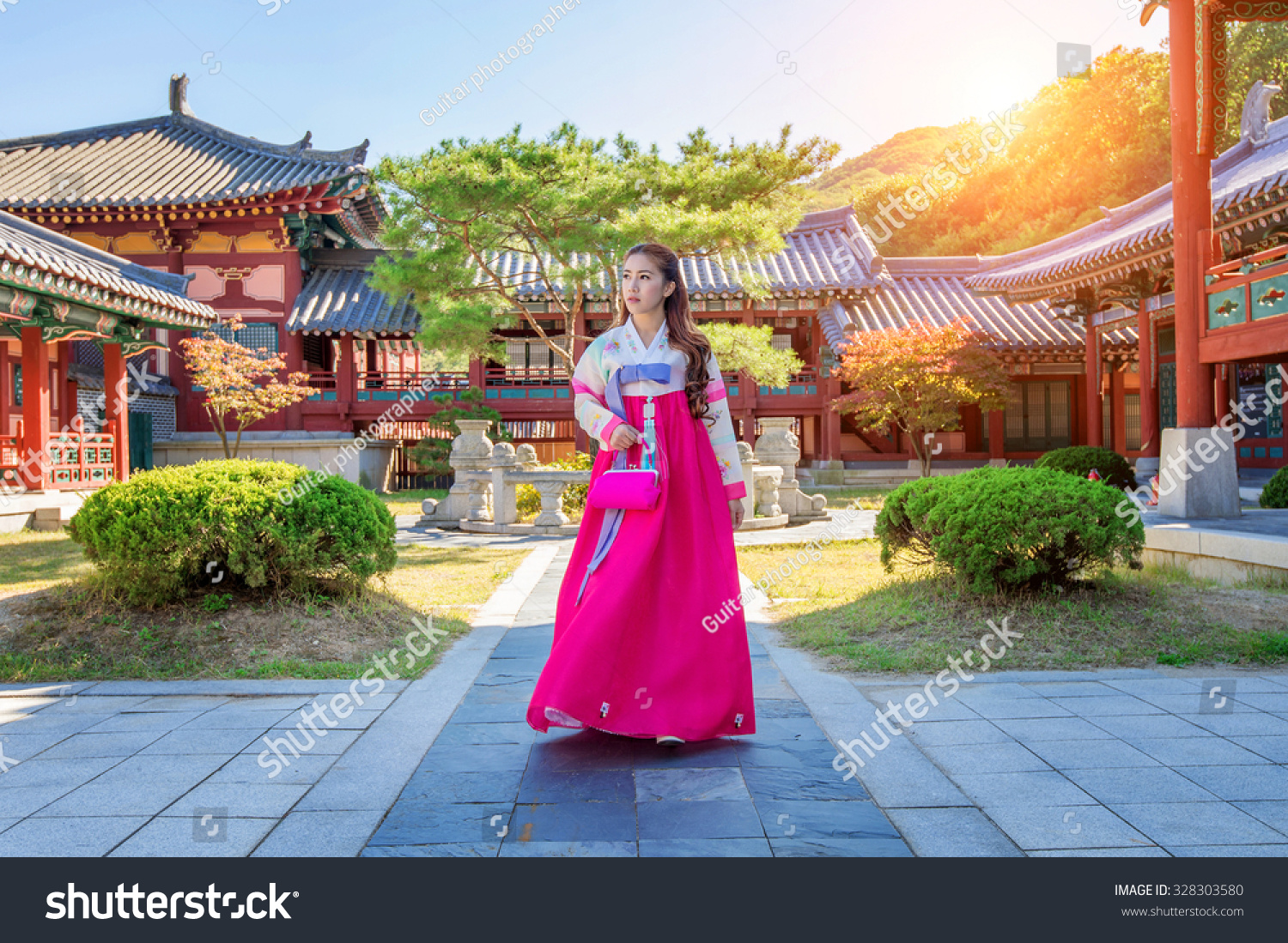 Woman with Hanbok in Gyeongbokgung the traditional Korean dress.