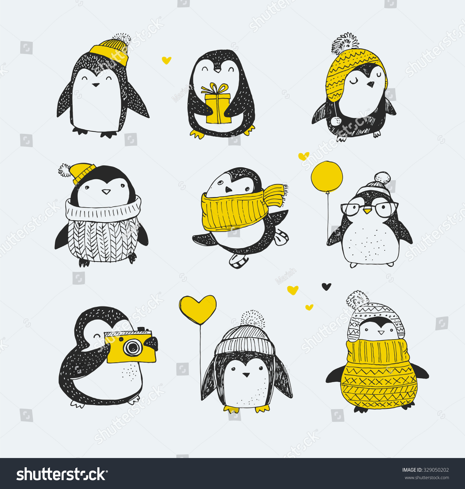 Cute hand drawn  vector penguins set - Merry Christmas greetings