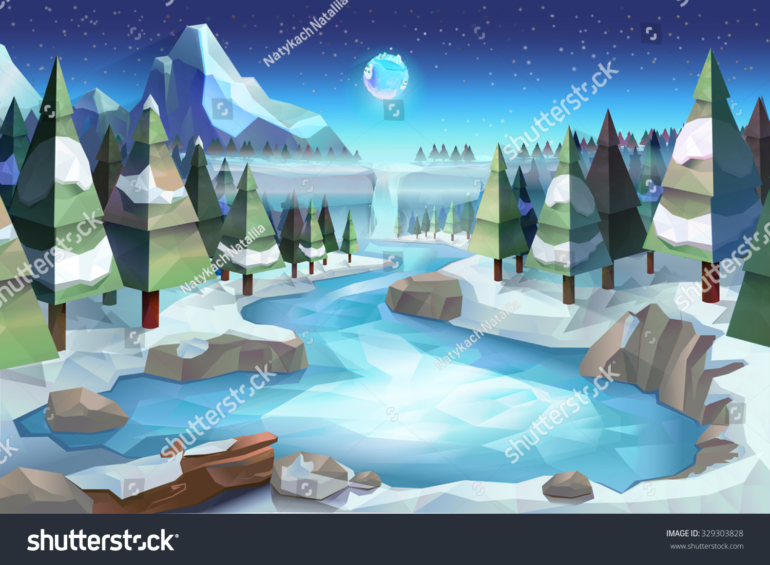 Winter forest  vector background low poly style
