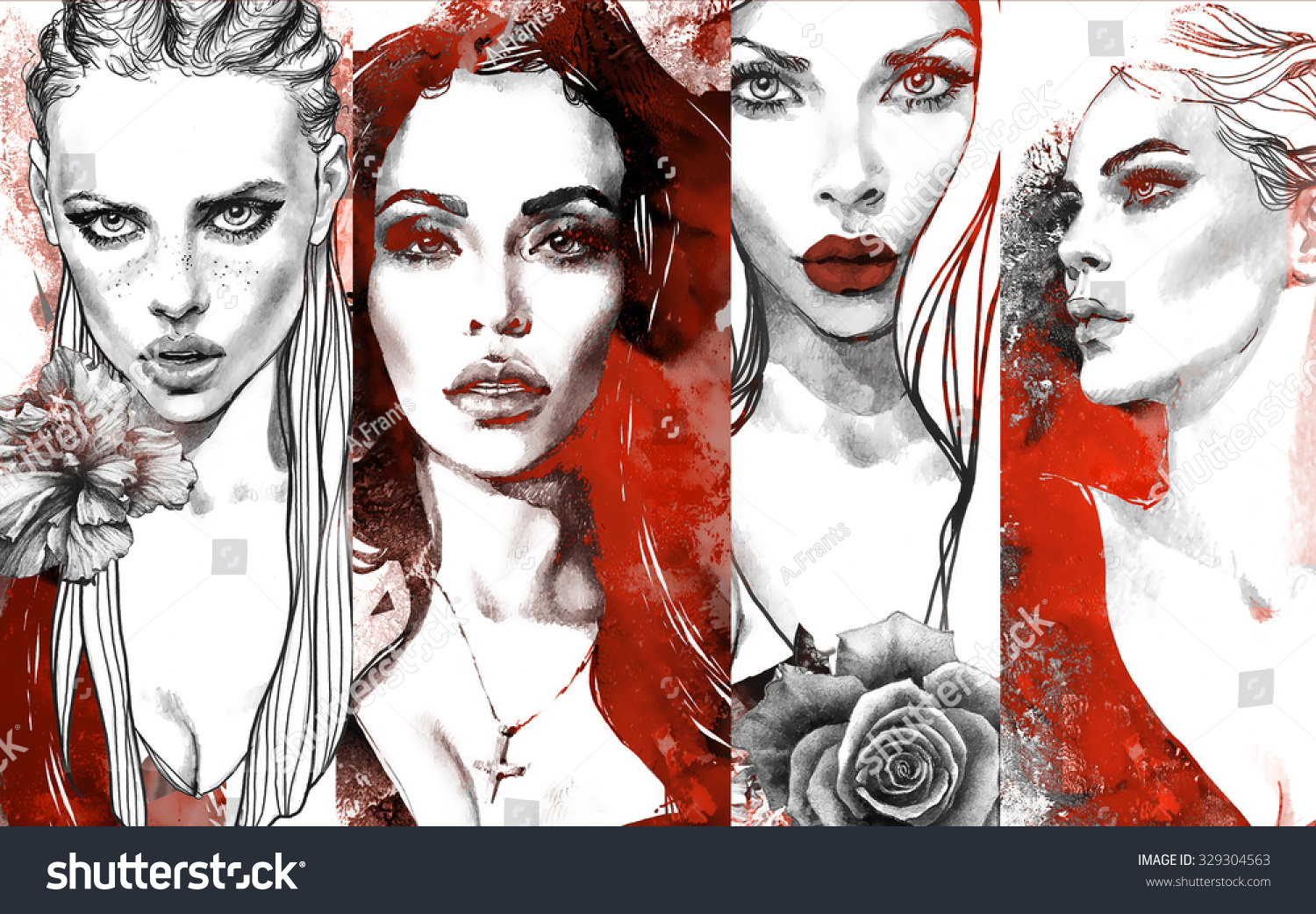 Fashion collage with freehand drawings  female faces