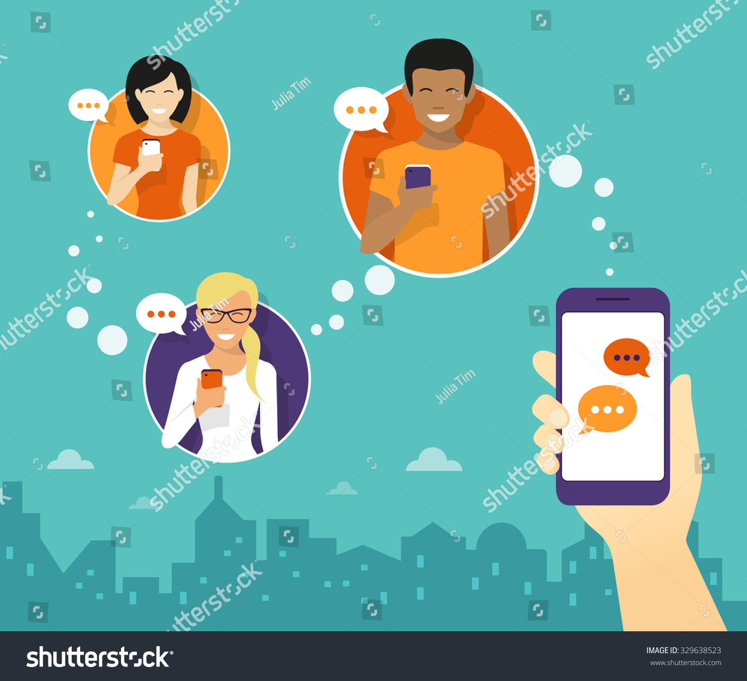 Human hand hold a smartphone and sending messages to friends via messenger app. Chat flat illustration