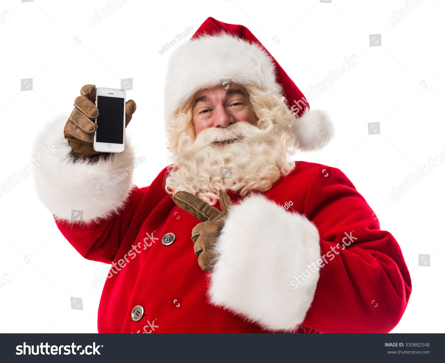 Santa Claus using smartphone - calling phone or texting a message Closeup Portrait
