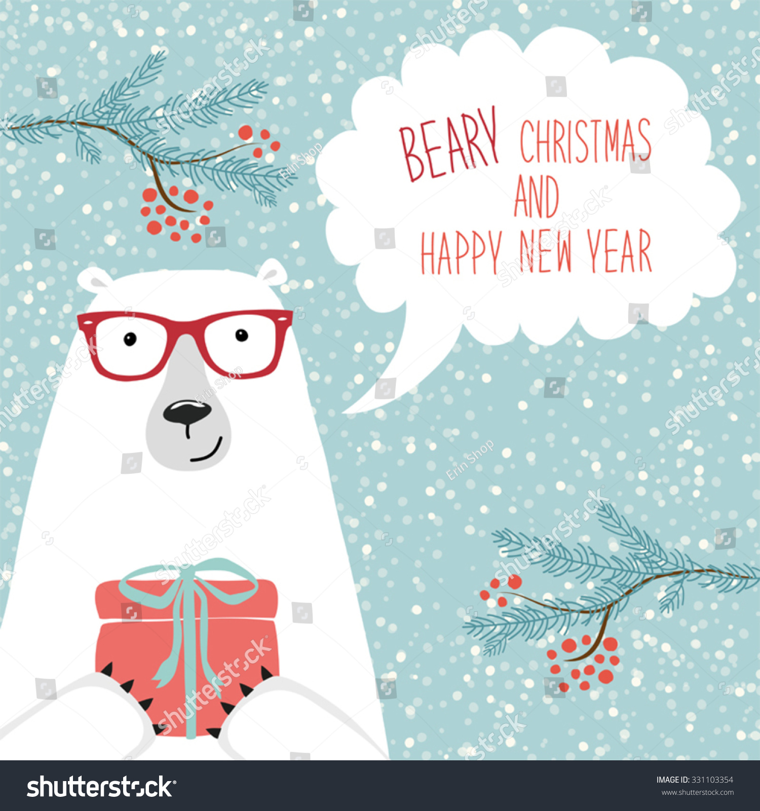 Cute hand drawn polar bear  with speech bubble and hand written text Beary Christmas and Happy New Year on snowy background