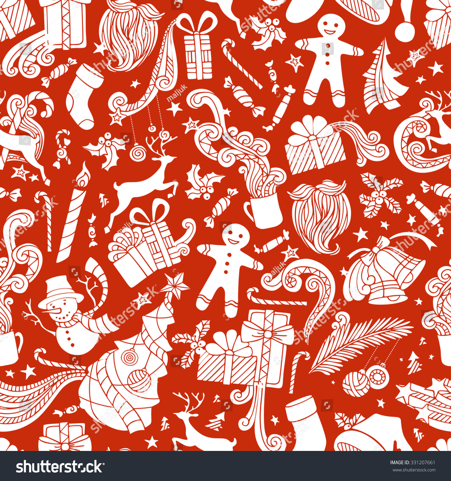 Boundless Red and White Cartoon Christmas Background. Seamless pattern of Christmas silhouettes. Christmas tree and baubles  Santa sock  hat  beard  mistletoe  gifts  snowman  gingerbread man  deer.