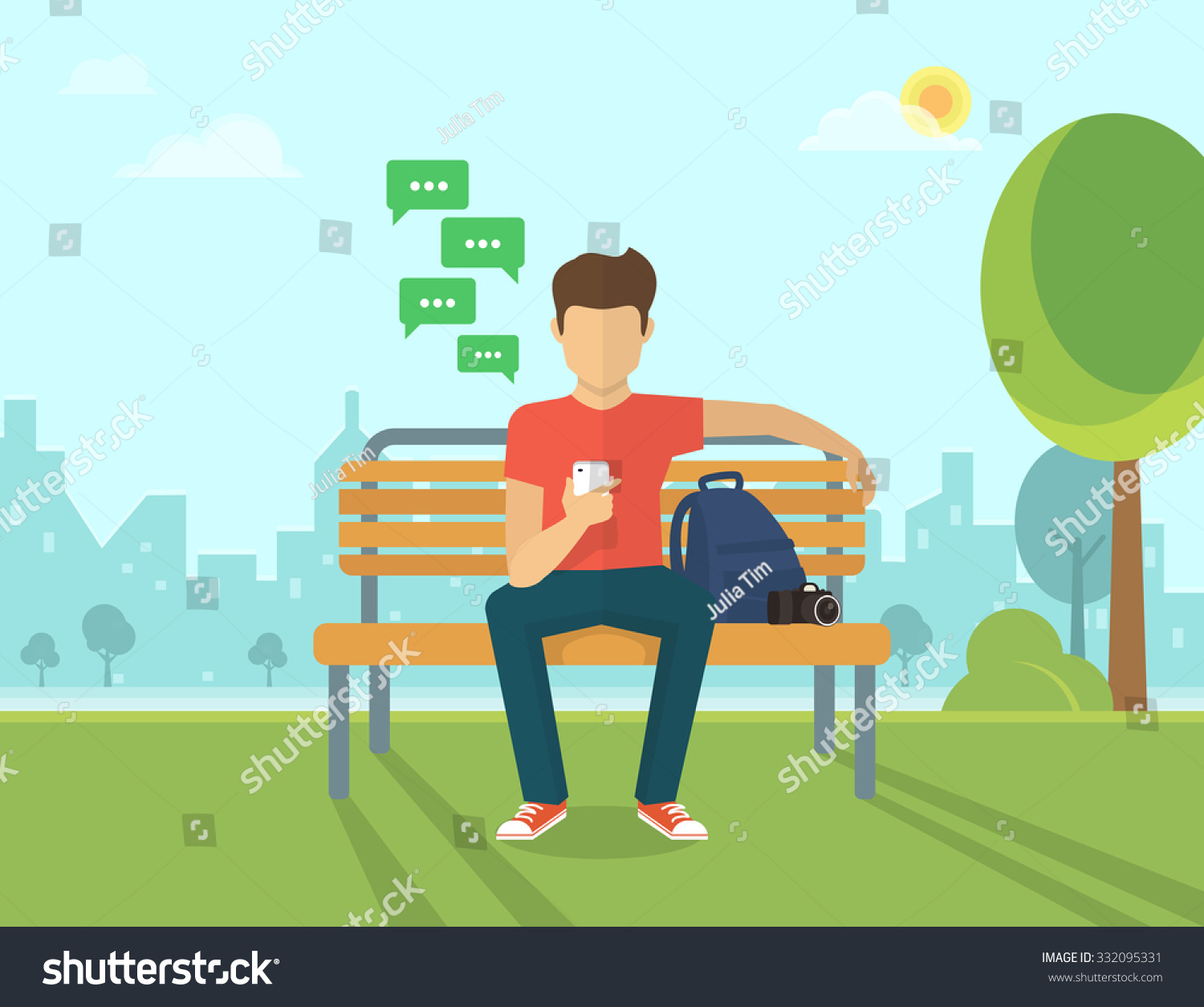 Young man sitting in the street and sending a message via chat to someone using his smartphone. Vector illustration of the mobile chat with friends 