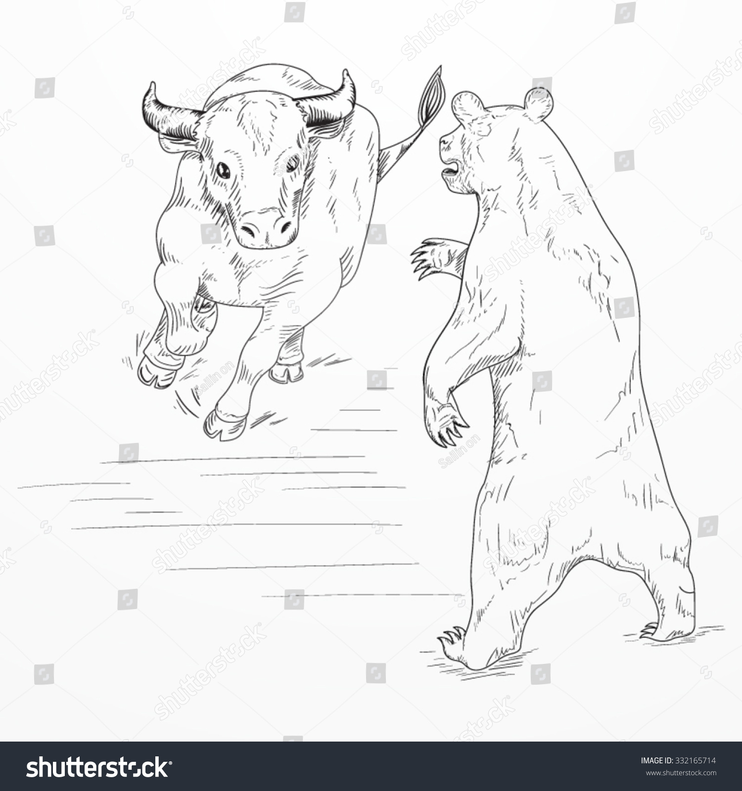 Bull versus bear. Financial markets roles. EPS 10 vector hand drawn illustration