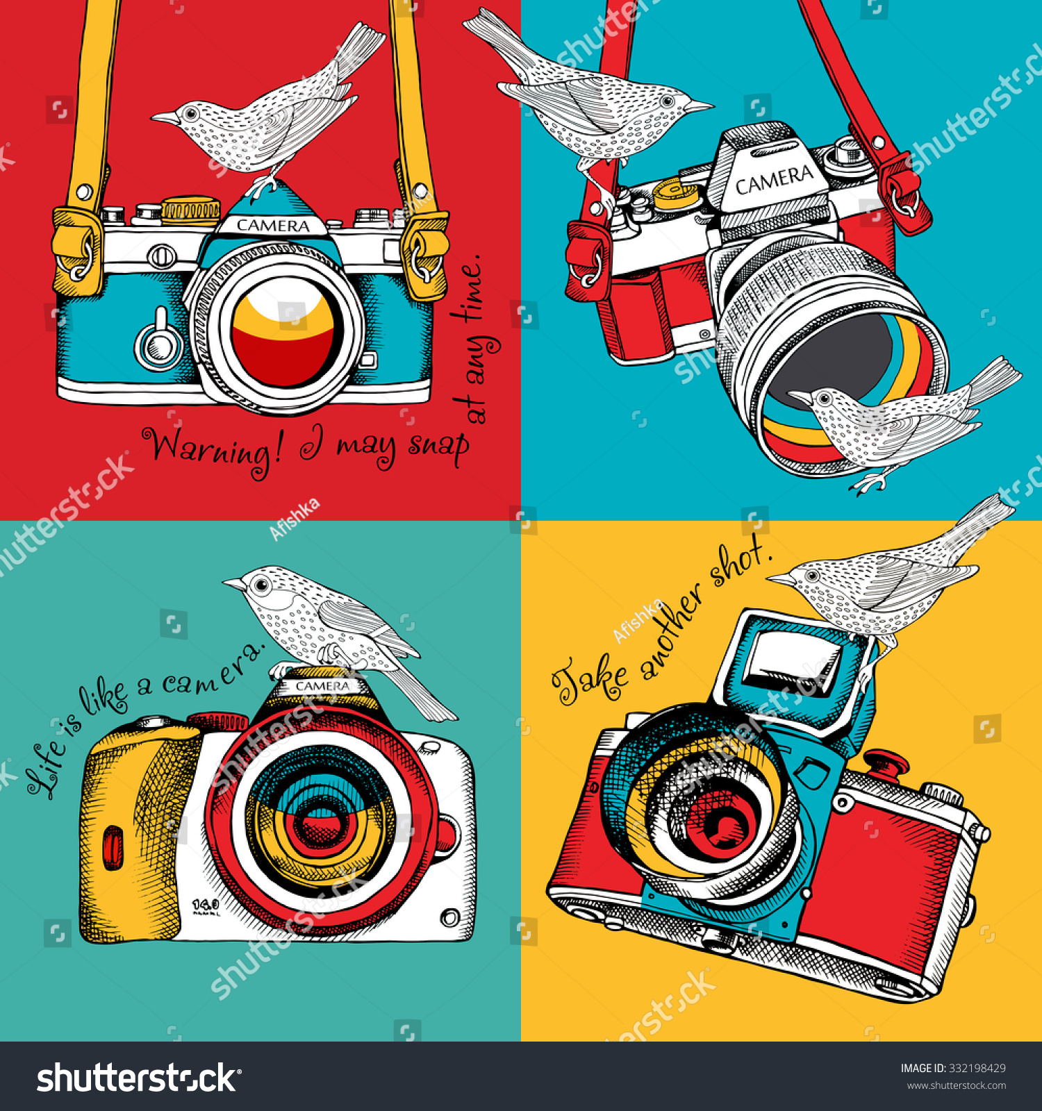 Bright poster in the style of pop art with image of a camera and birds on color background. Vector illustration.