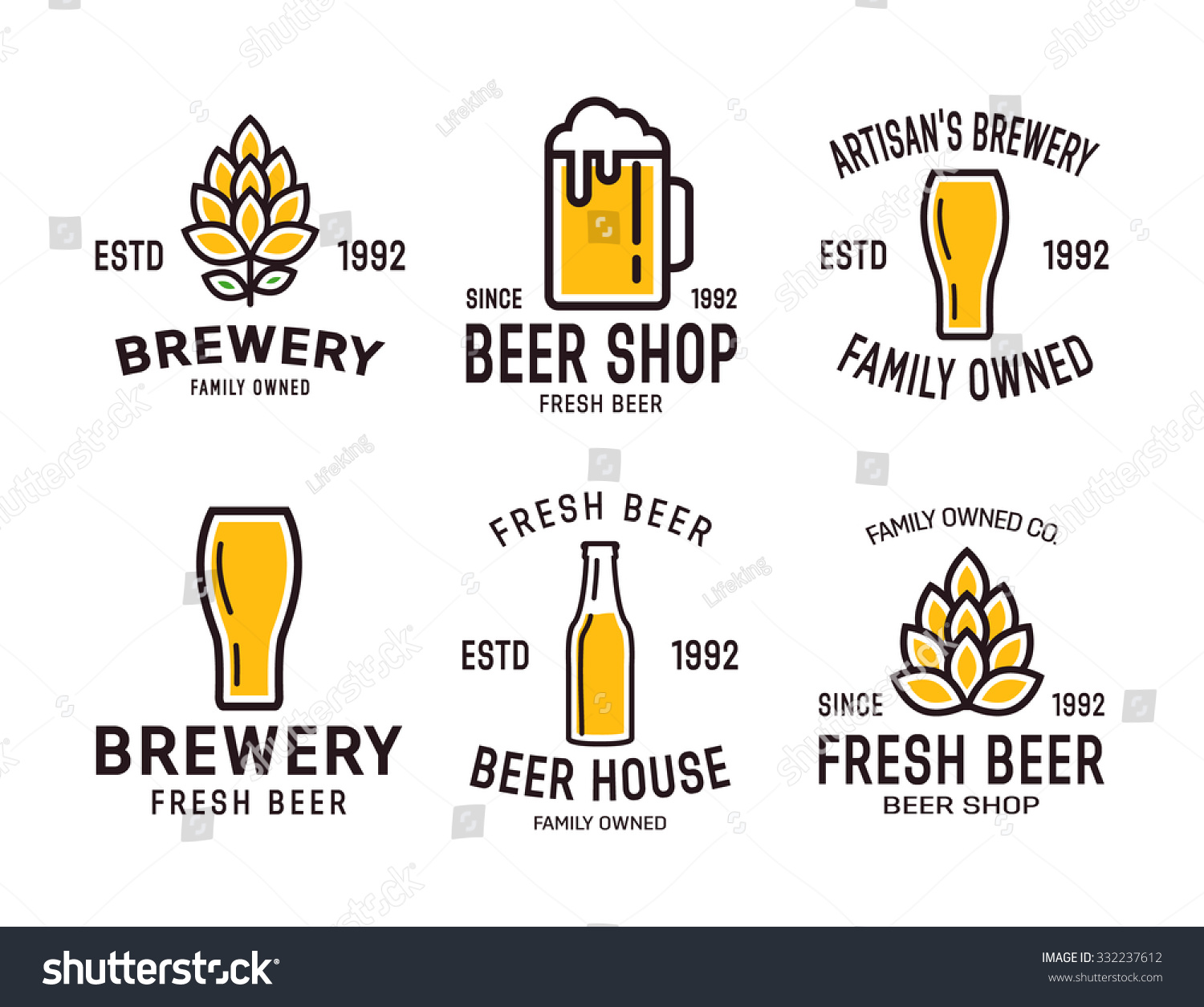 Set of linear brewery logos. Labels with bottles and hops 