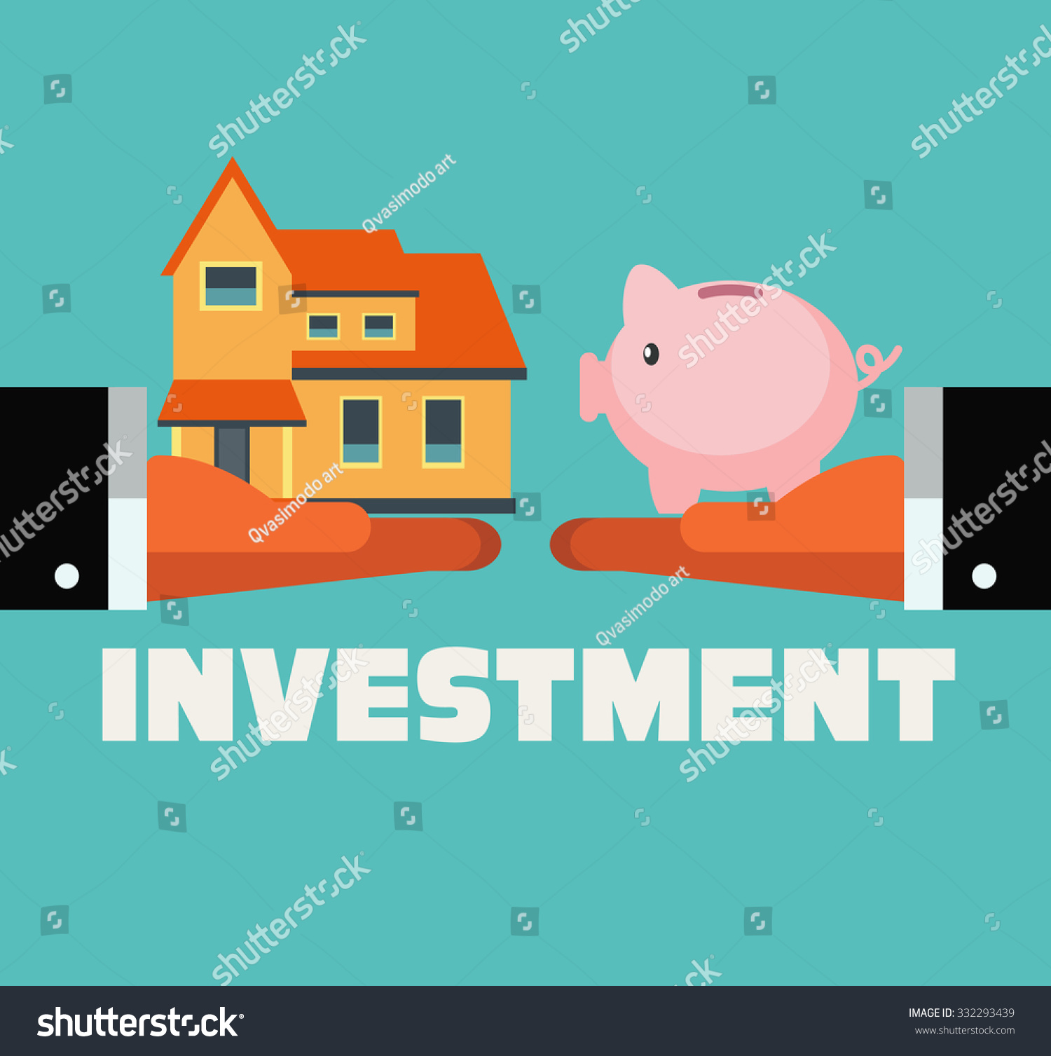 Two hands with piggy bank and dreaming house. Saving and investing money concept. Future financial planning concept. Modern vector flat design. Insurance  credit cards  mortgages and banking service