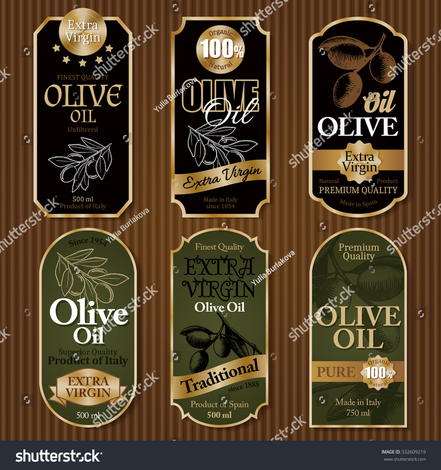 Set of black and green olive oil labels on cardboard background vector illustration
