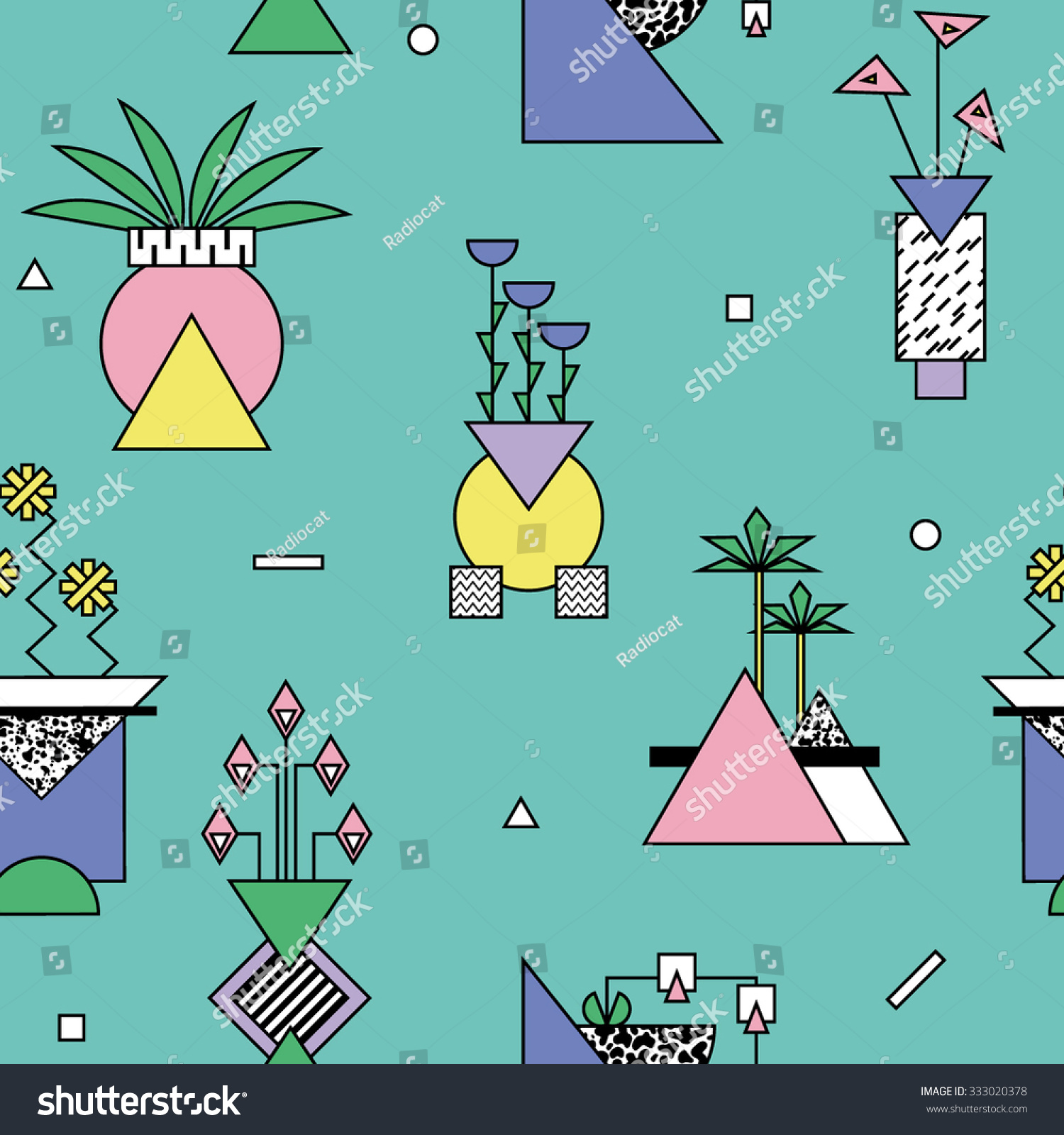 Seamless abstract geometric pattern with vases and plants in bright memphis style 1