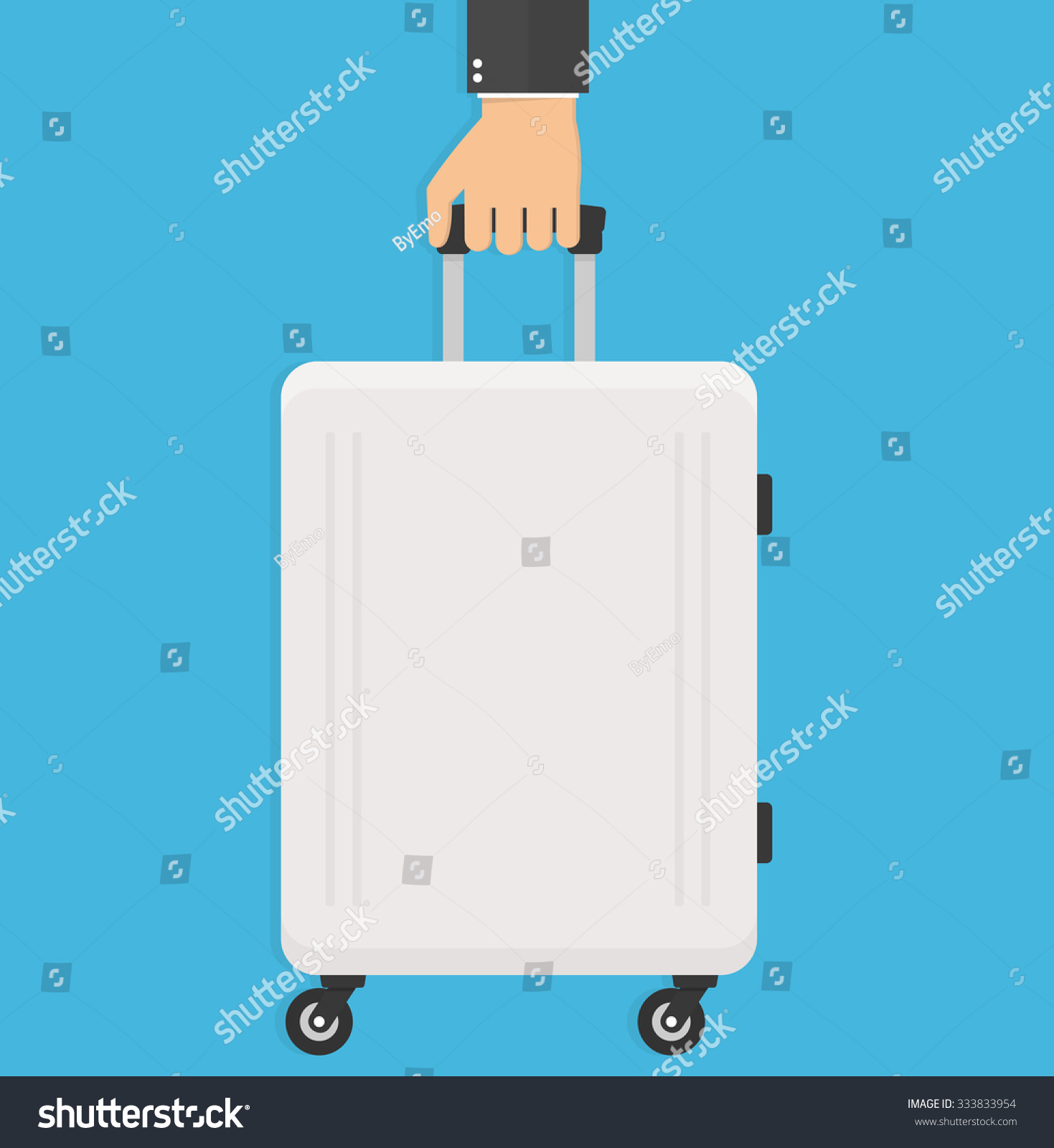 Hand holding modern suitcase with wheels. Flat style