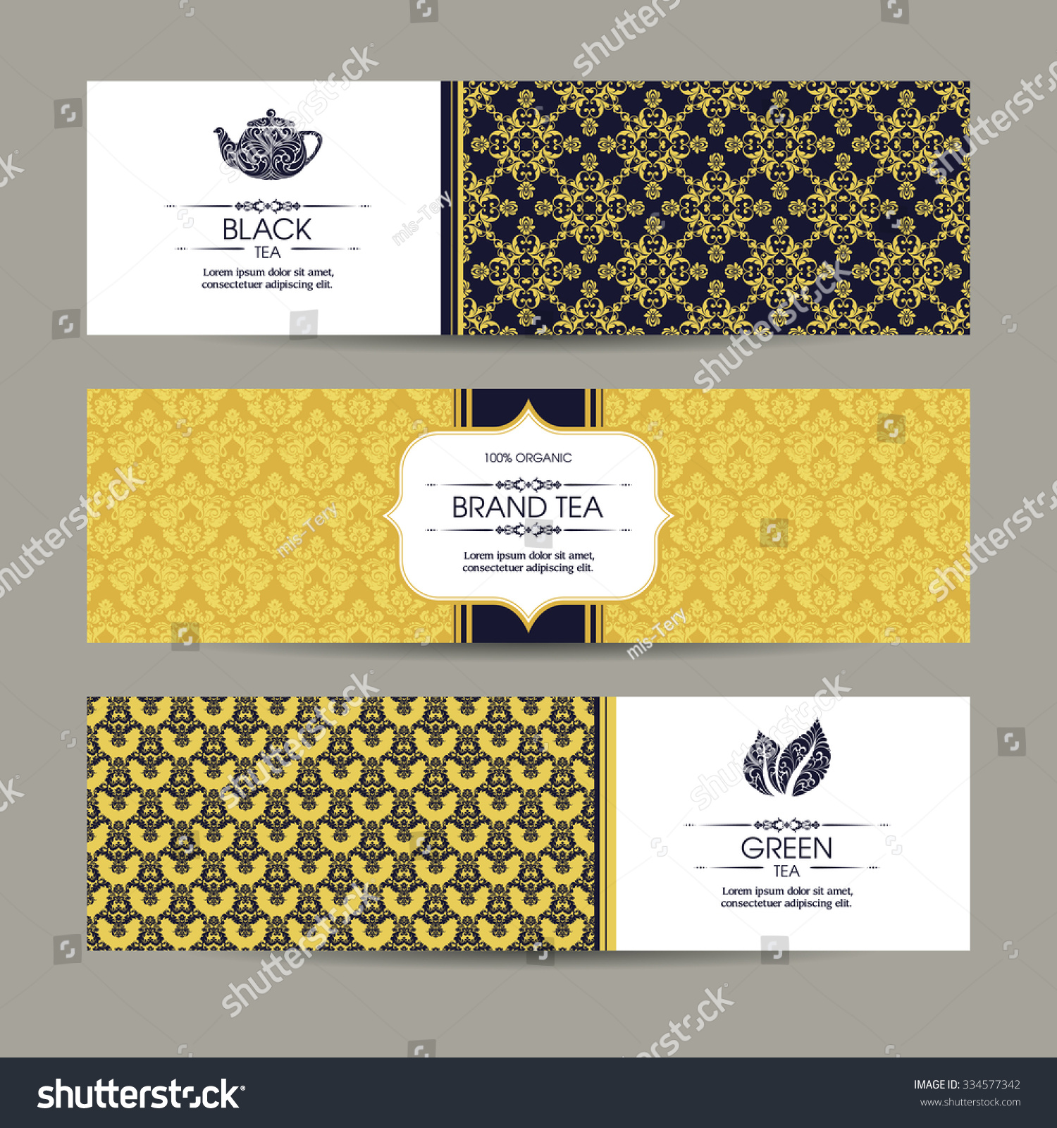 Vector set of templates packaging tea  label  banner  poster  identity  branding. Ethnic pattern background with ornamental design elements - leaf icon  teapot. Stylish design for black and green tea