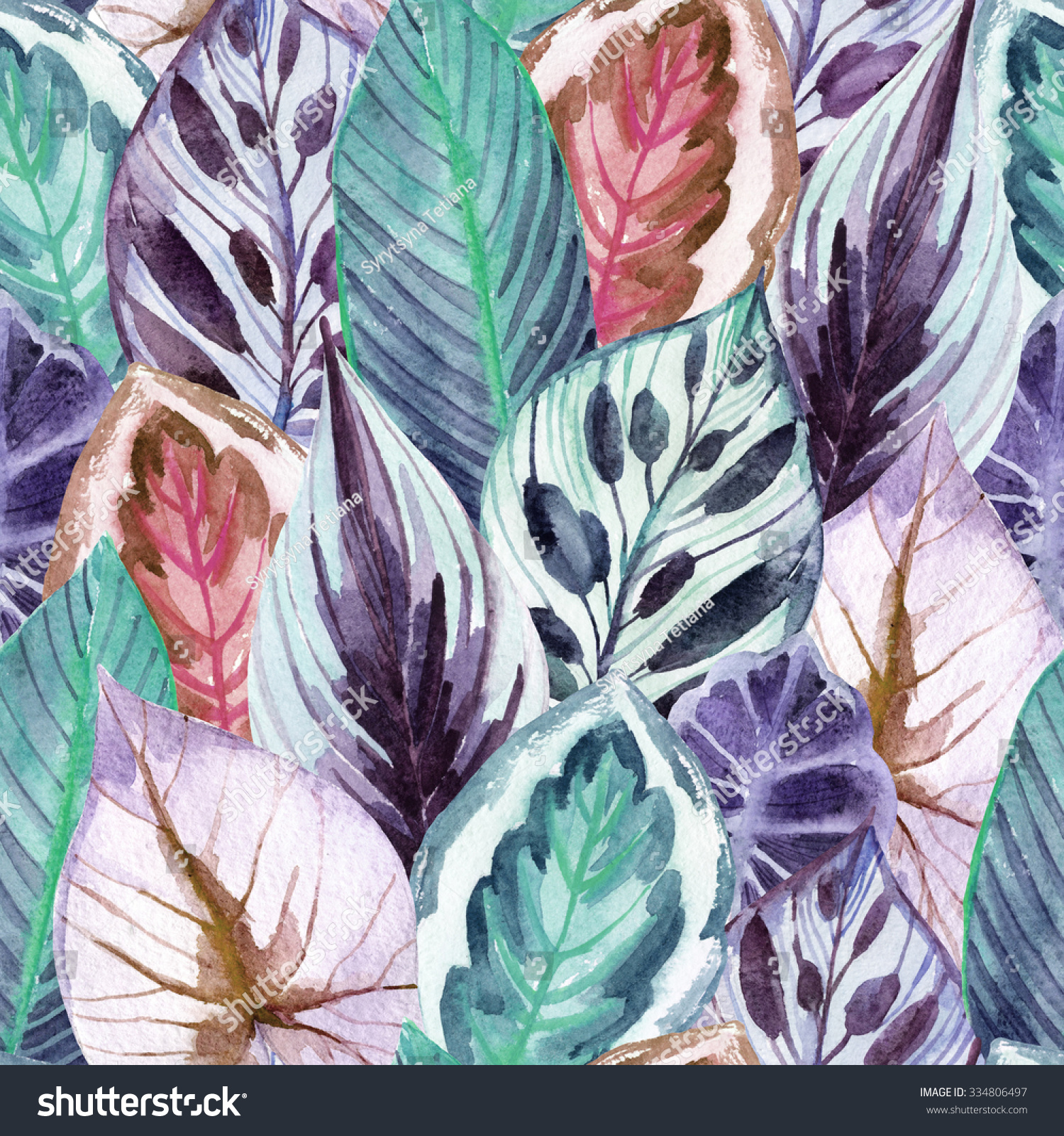 unusual leaves seamless pattern. Hand drawn exotic leaves illustration in watercolor.