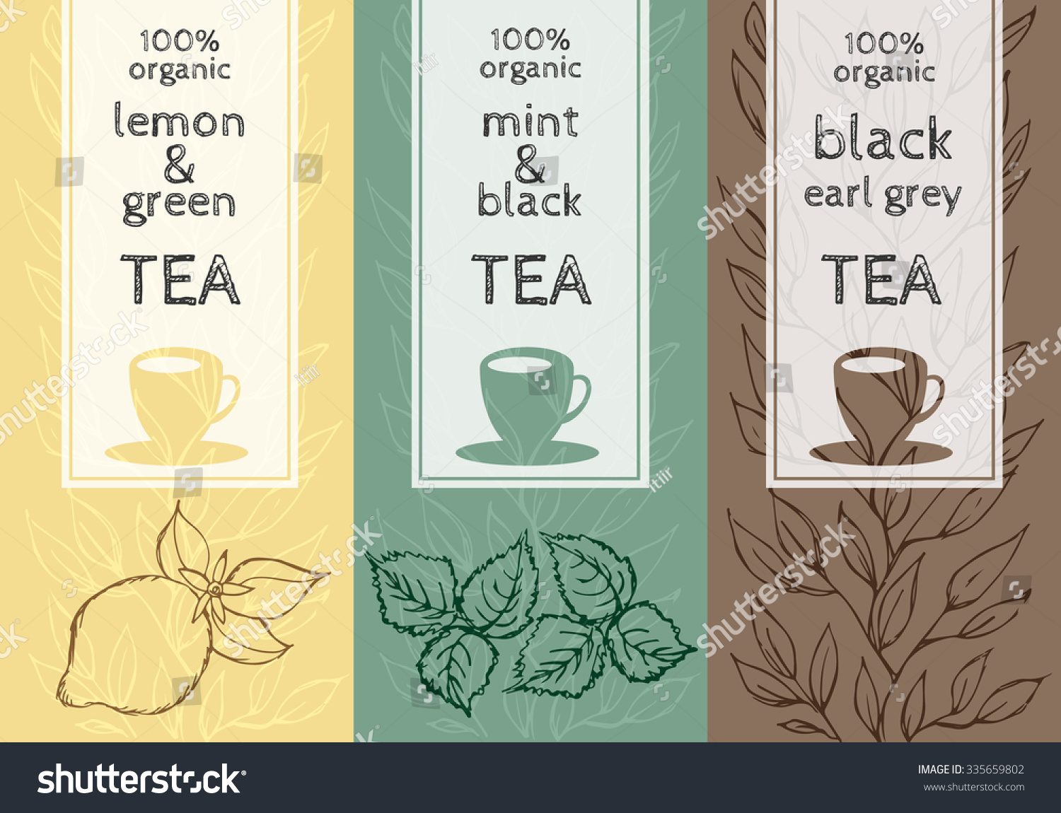 Vector set of templates packaging  label  banner  poster  identity  branding. Stylish design for black  green and herb tea.