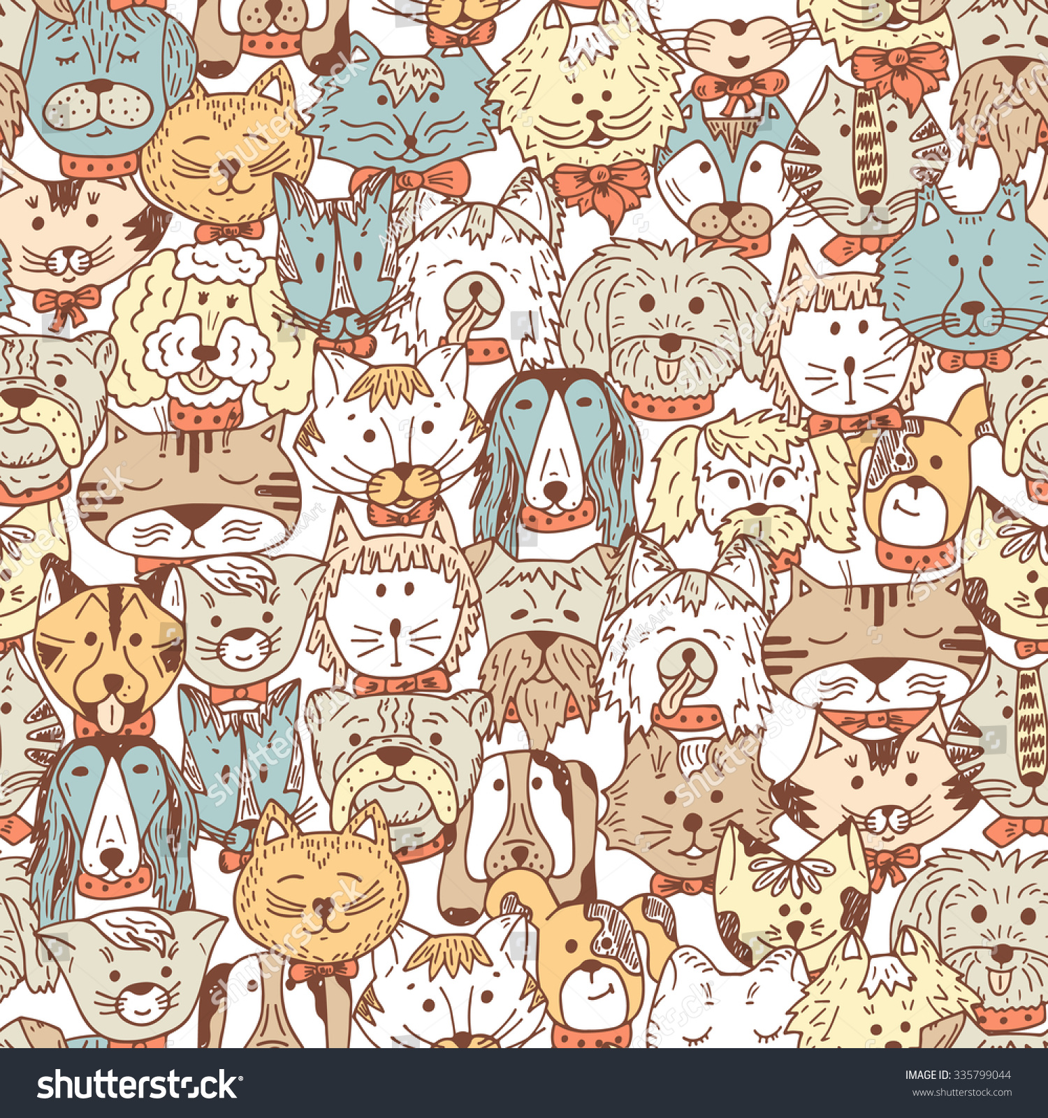 Animals. Cats and Dogs Vector Seamless pattern. Hand Drawn Doodles Pets. Cute Cats and Dogs colored background.