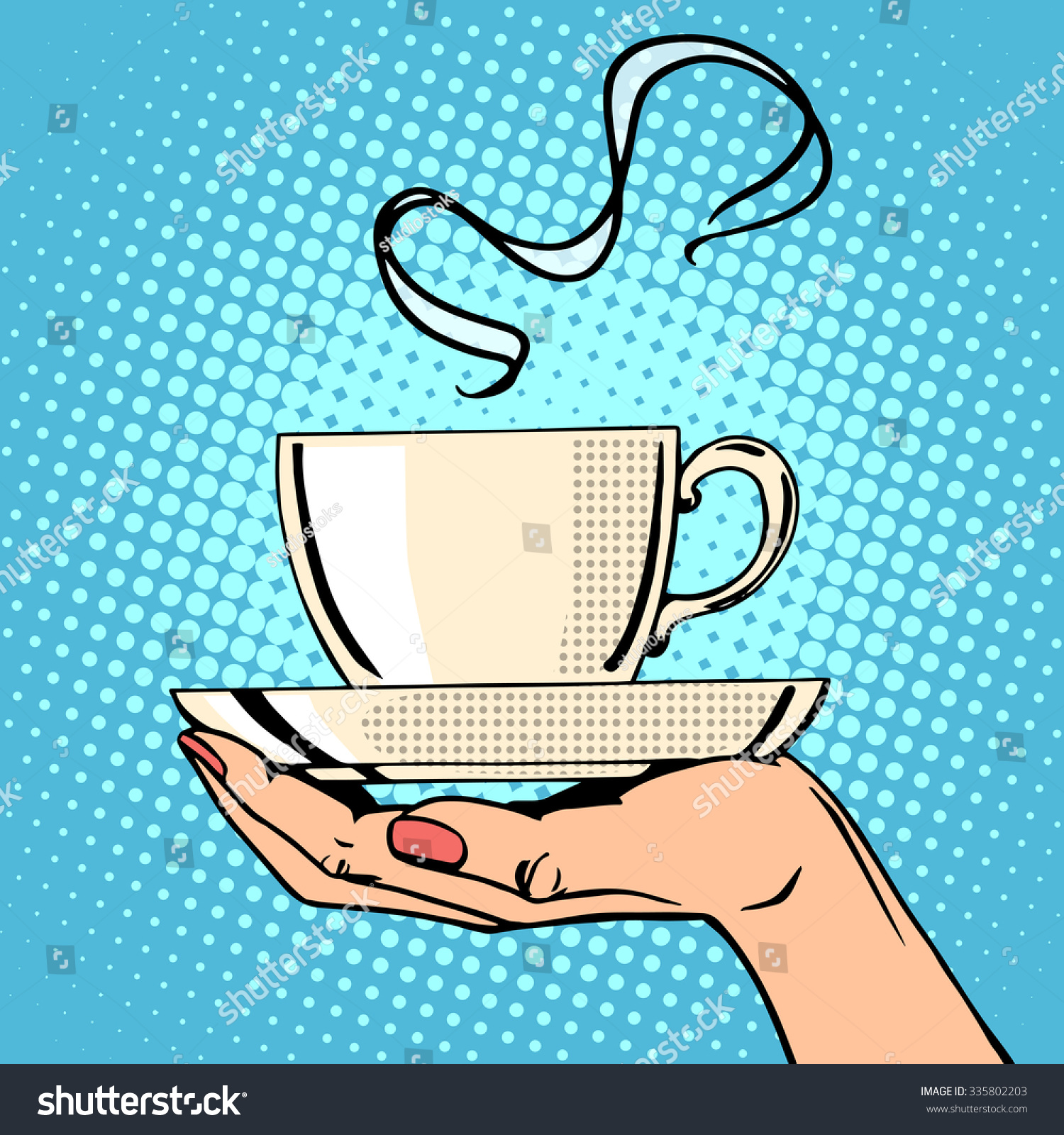 Hot coffee cup woman hand pop art retro style