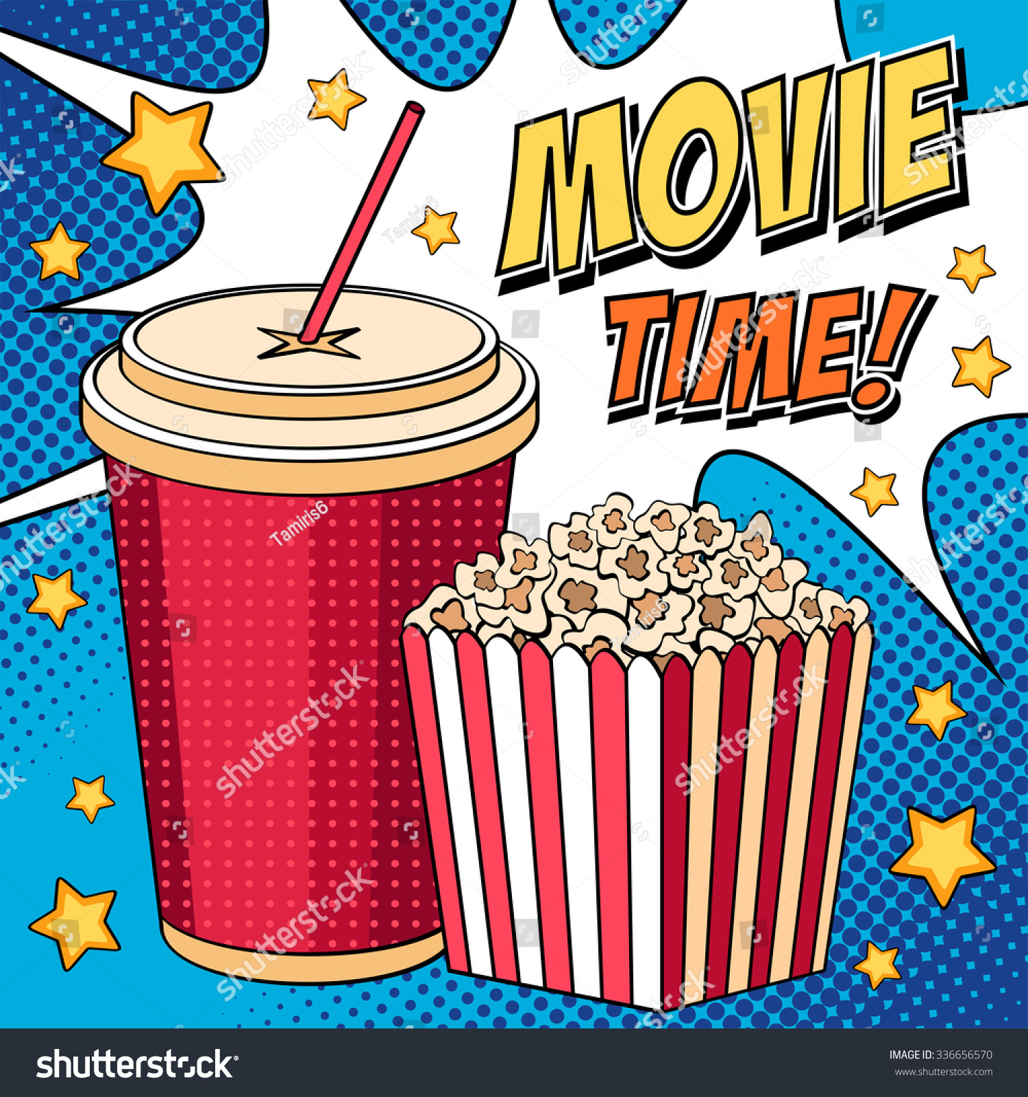 Vector illustration with popcorn box  cola and stars. Comic background in pop art style
