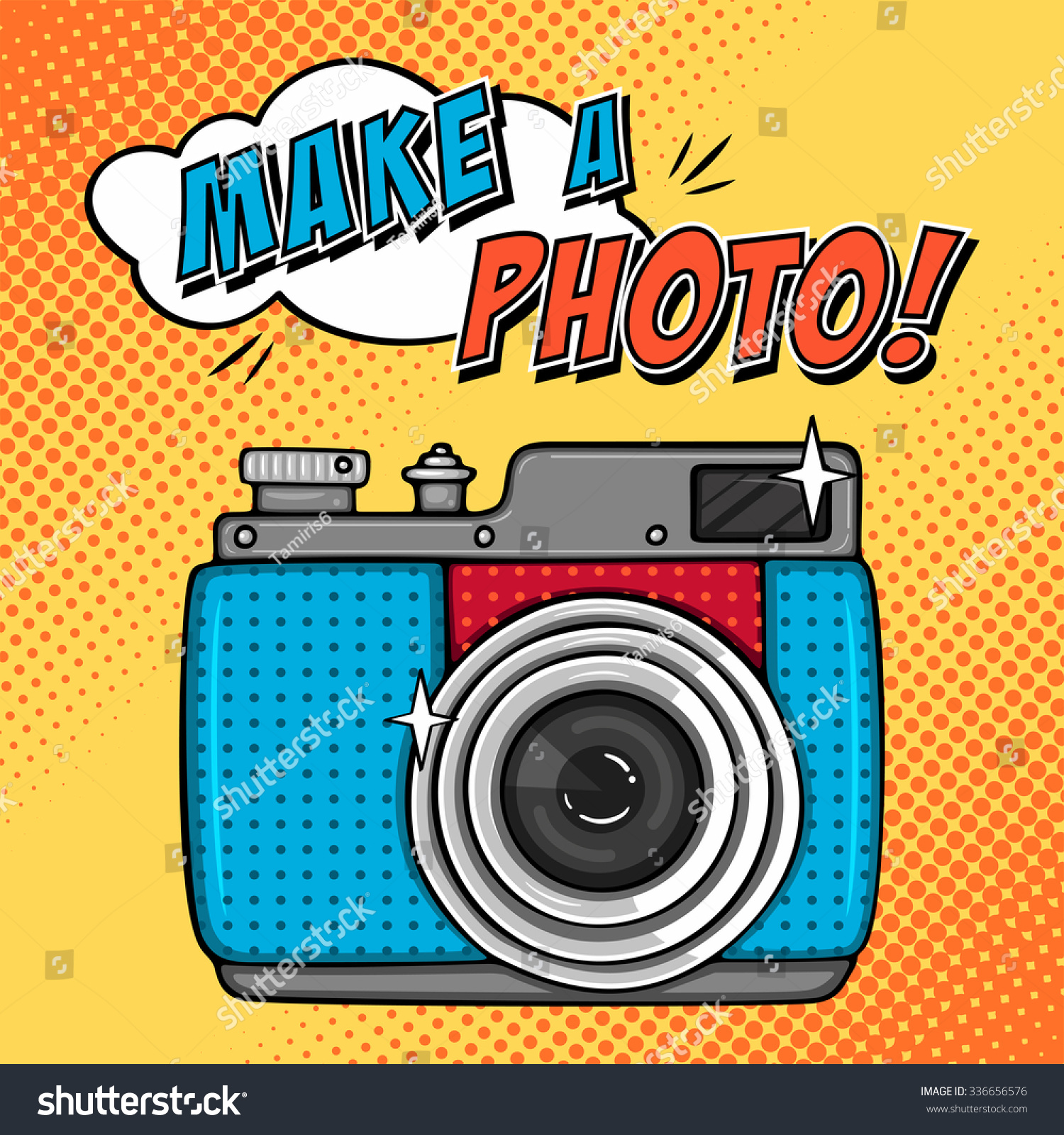 Vector illustration with retro photo camera. Comic background in pop art style