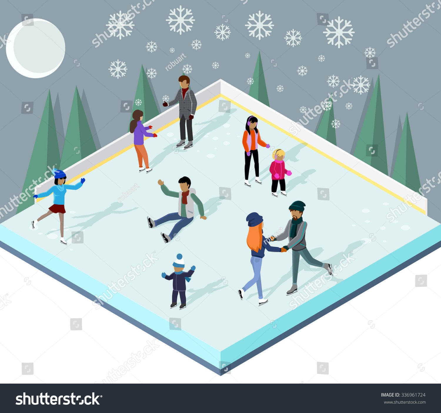 Ice rink with people isometric style. Ice skating  sport winter  skate and skating  cold season  outdoor activity  lifestyle motion  skater exercise  speed active recreation illustration