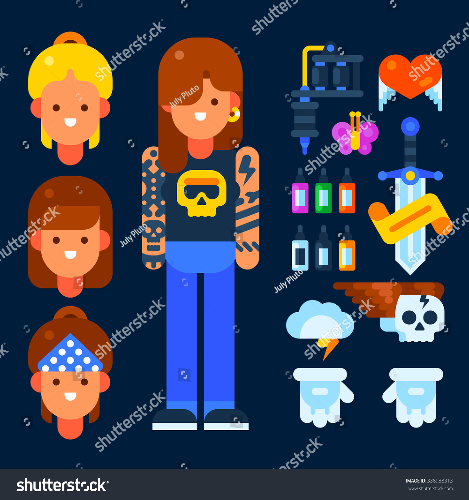 Female tattoo master and her stuff: tattoo machine  ink  gloves. Vector flat illustration. Isolated objects.