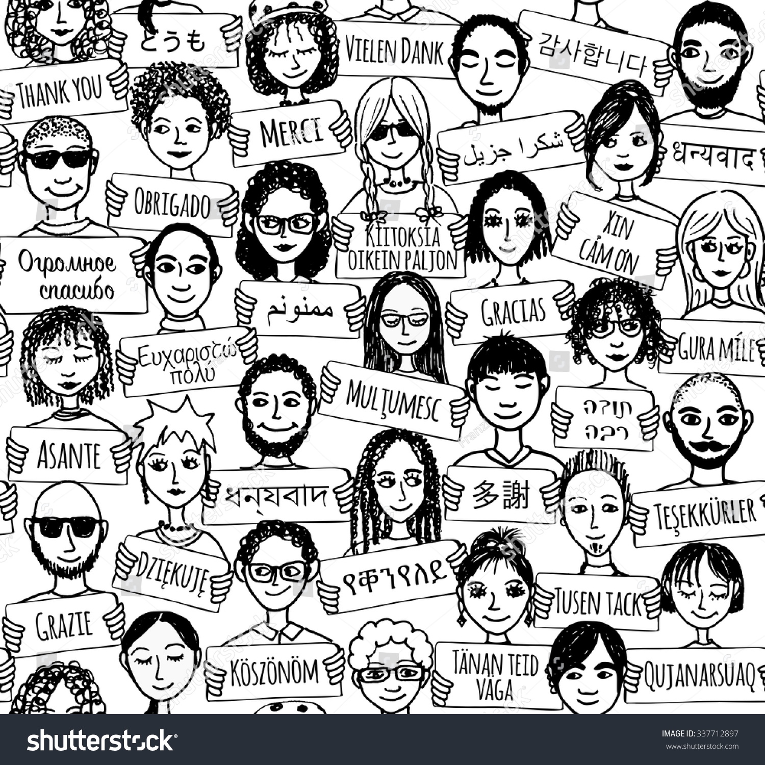 Seamless pattern of a group of hand drawn people holding "thank you" signs in different languages