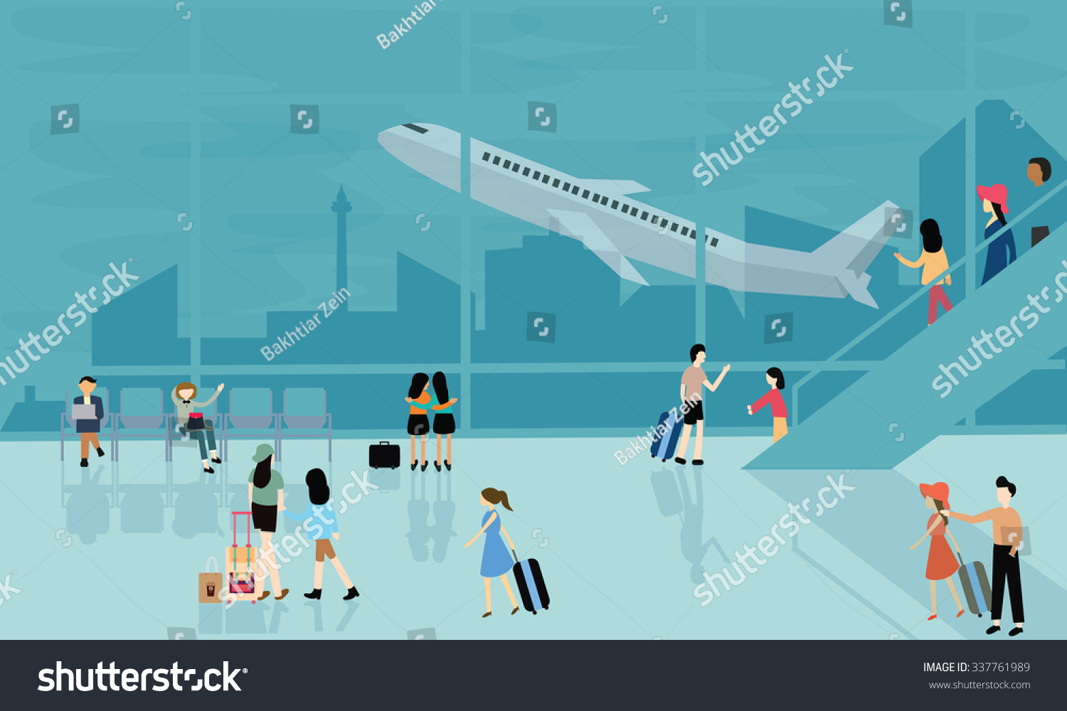 people at airport vector travel activities illustration  departure arrival  flight plane