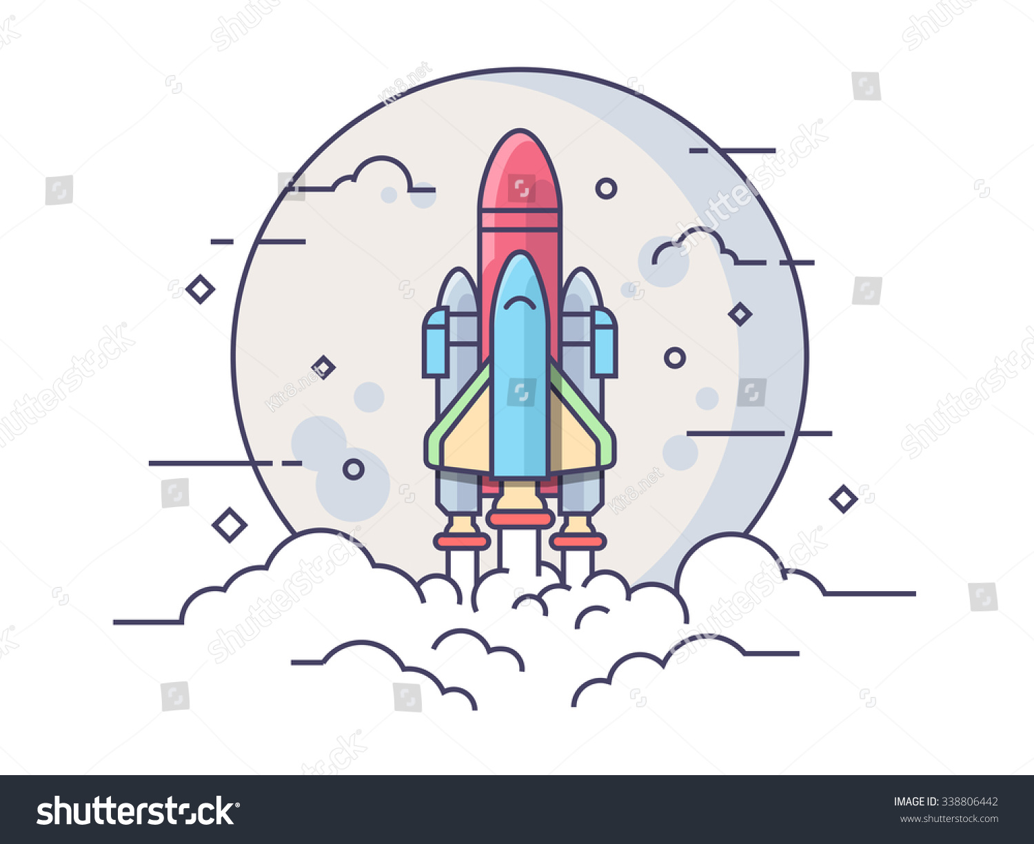 Space rocket. Technology spaceship  science and shuttle  startup business. Line vector illustration