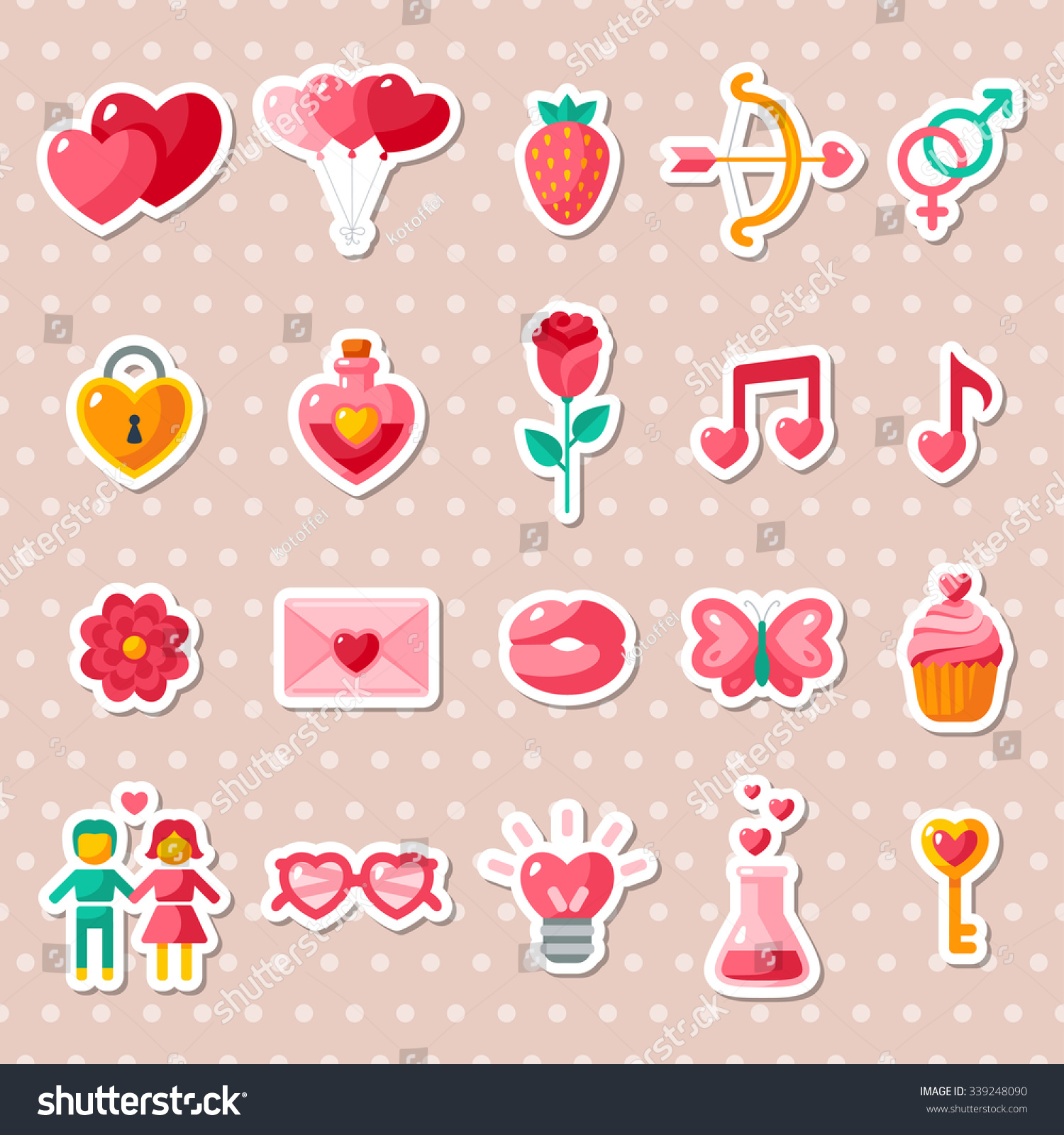 Valentine's day icons elements collection. Vector illustration. Love concept stickers. Cupid bow  gender sign  couple  sweet cupcake  love letter  love poison.