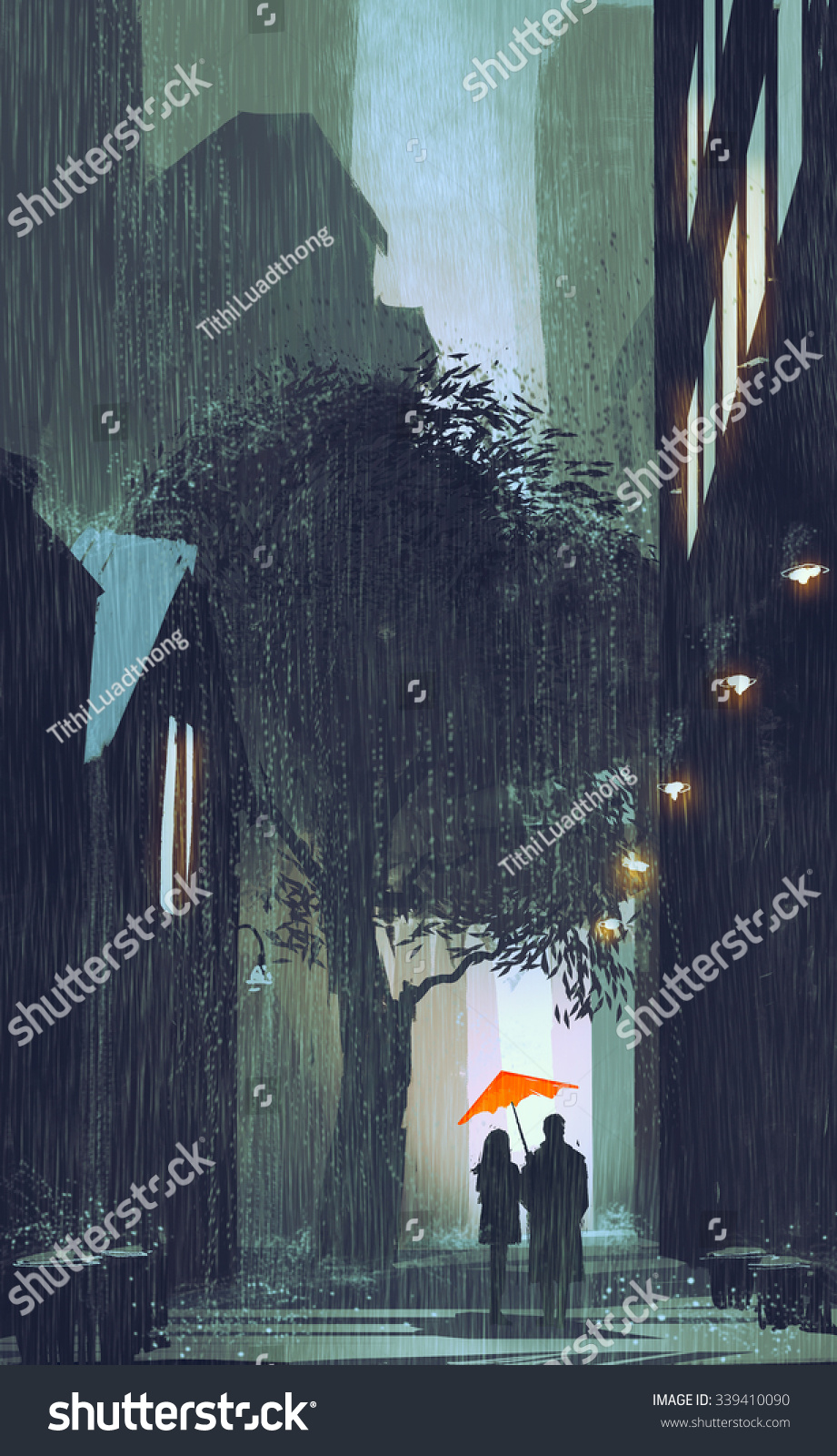 couple with red umbrella walking in raining street at night illustration painting
