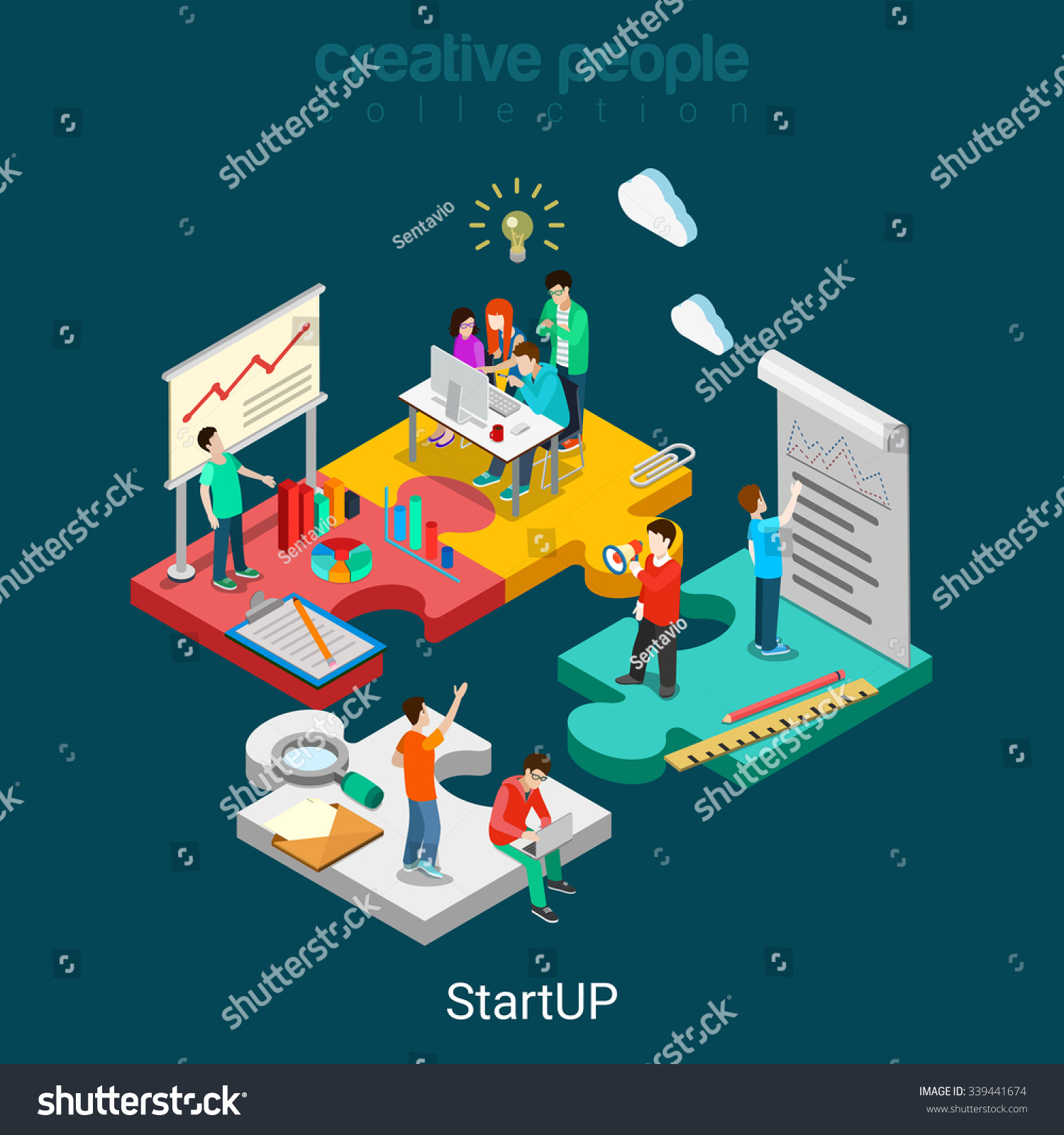 Flat 3d isometric StartUP concept web infographics vector illustration. Puzzle solution idea research report team business planning. Creative people collection.