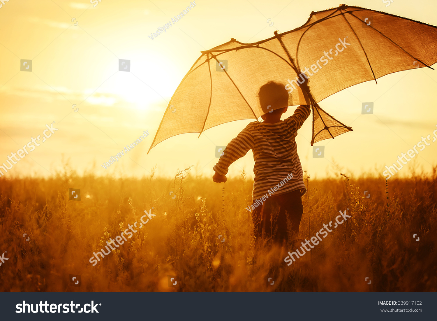 Boy flying a kite in a field at sunset